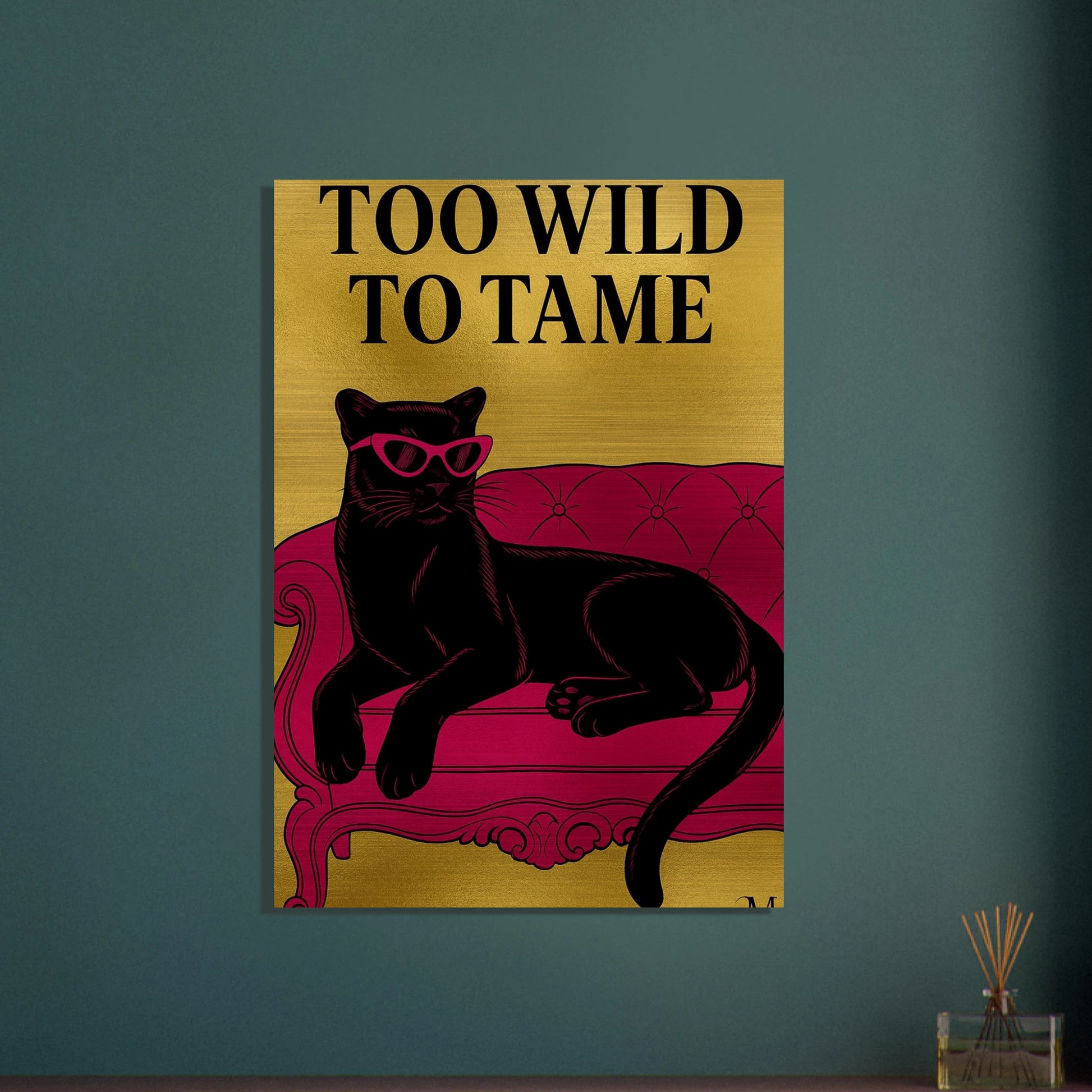 Golden panther pink chair with quote to wild to tame from MATCH Panther Collection brushed aluminum