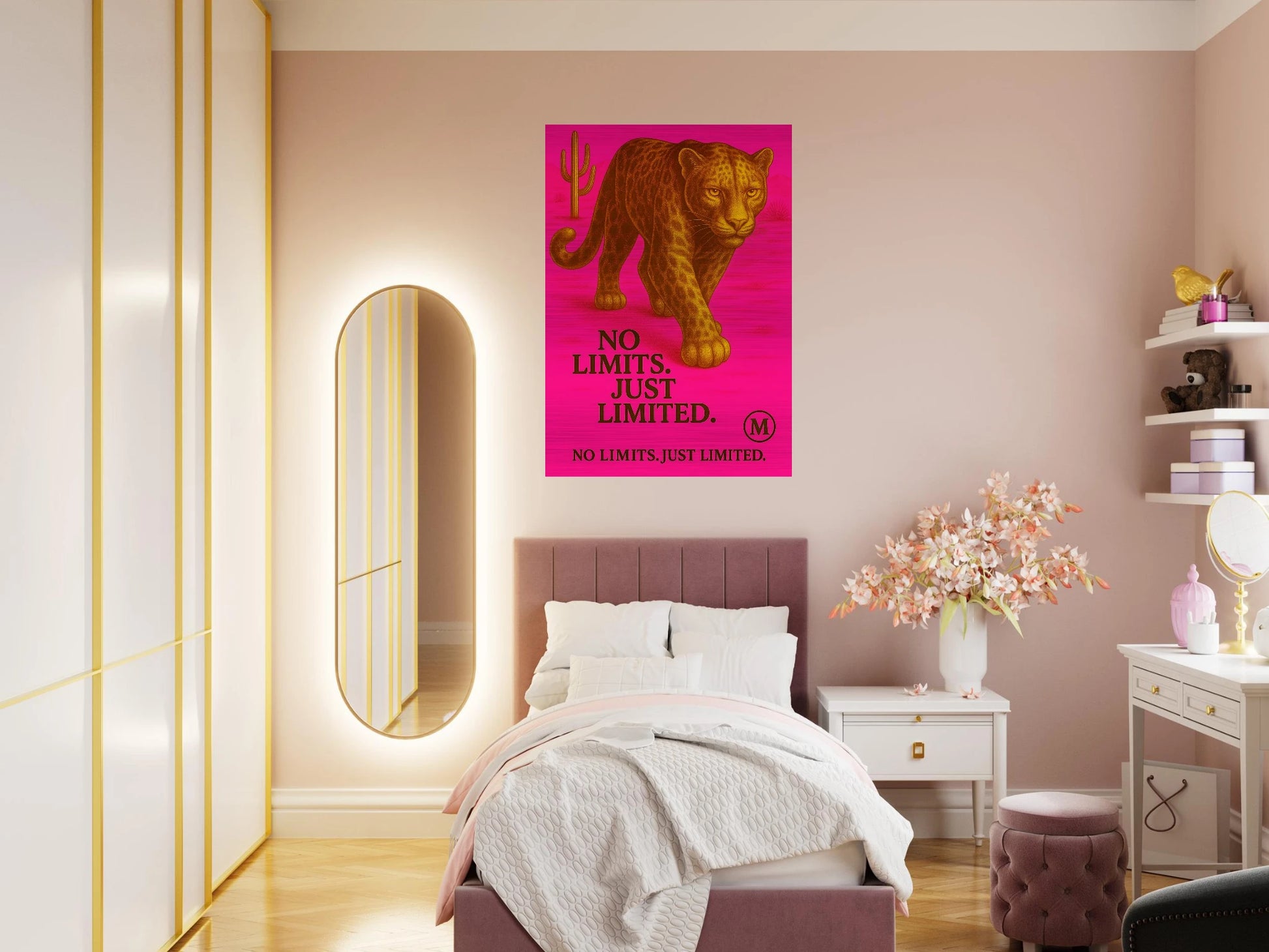 Golden panther pink walking through muted desert with quote wild focused fabulous . from MATCH Panther Collection