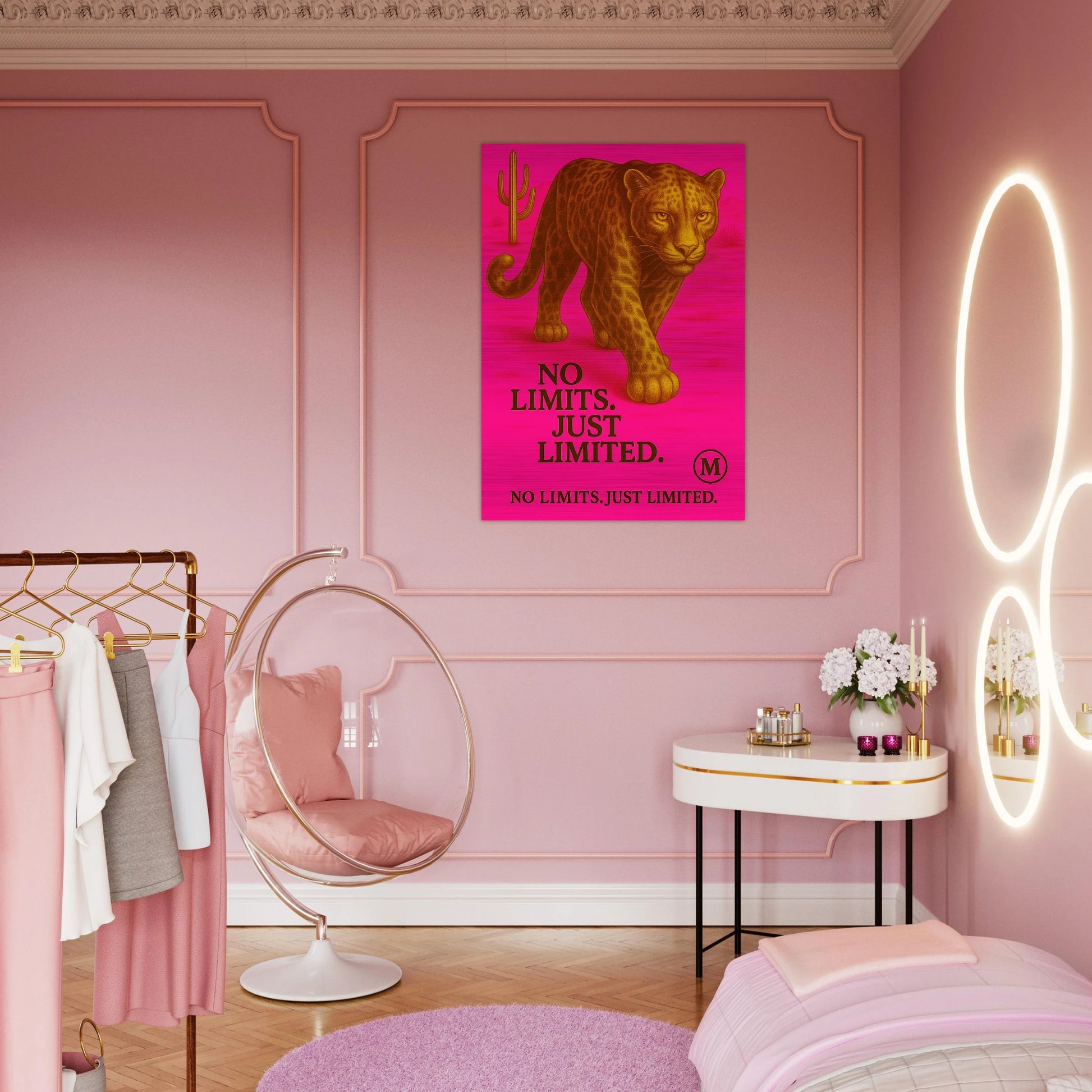 Golden panther pink walking through muted desert with quote wild focused fabulous . from MATCH Panther Collection