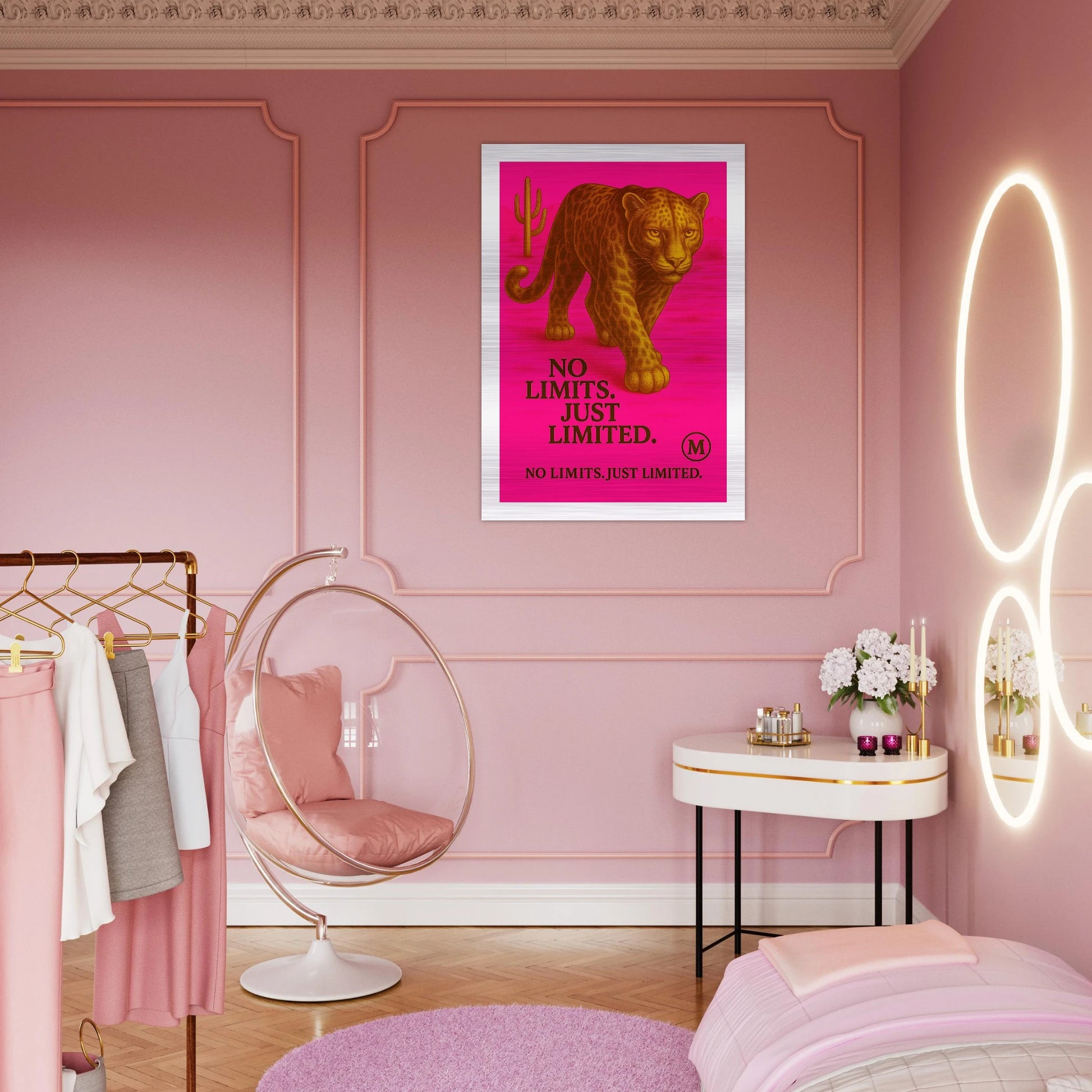 Golden panther pink walking through muted desert with quote wild focused fabulous edges. from MATCH Panther Collection