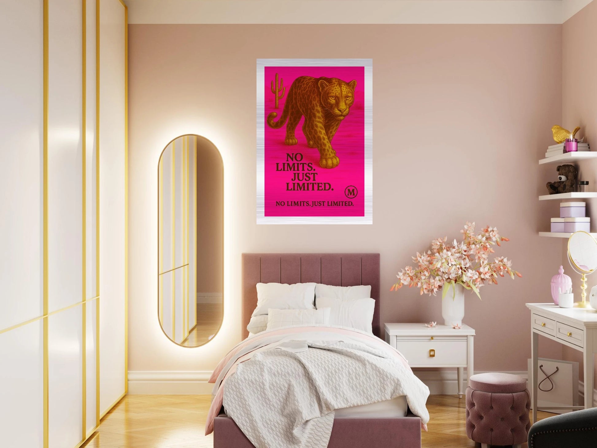 Golden panther pink walking through muted desert with quote wild focused fabulous edges. from MATCH Panther Collection