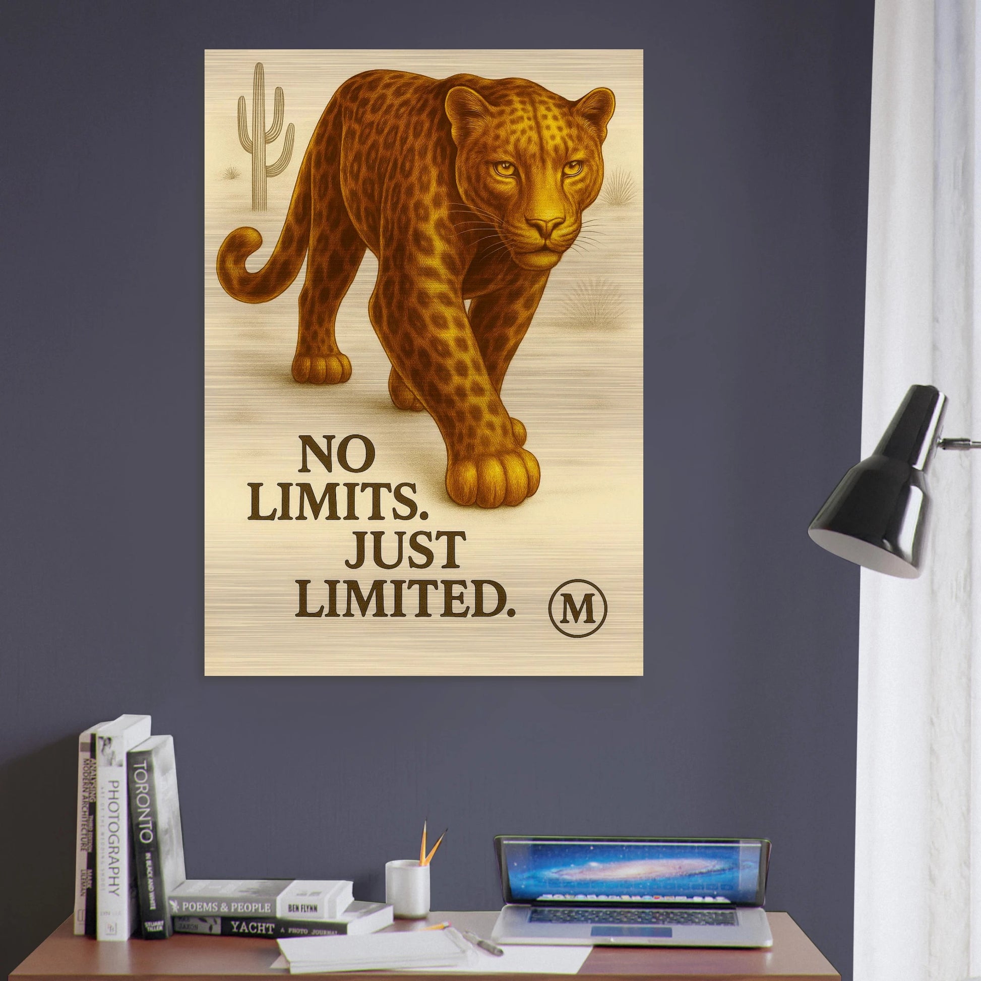 Golden panther walking through muted desert with quote no limes just limited. from MATCH collection Panther brushed aluminum