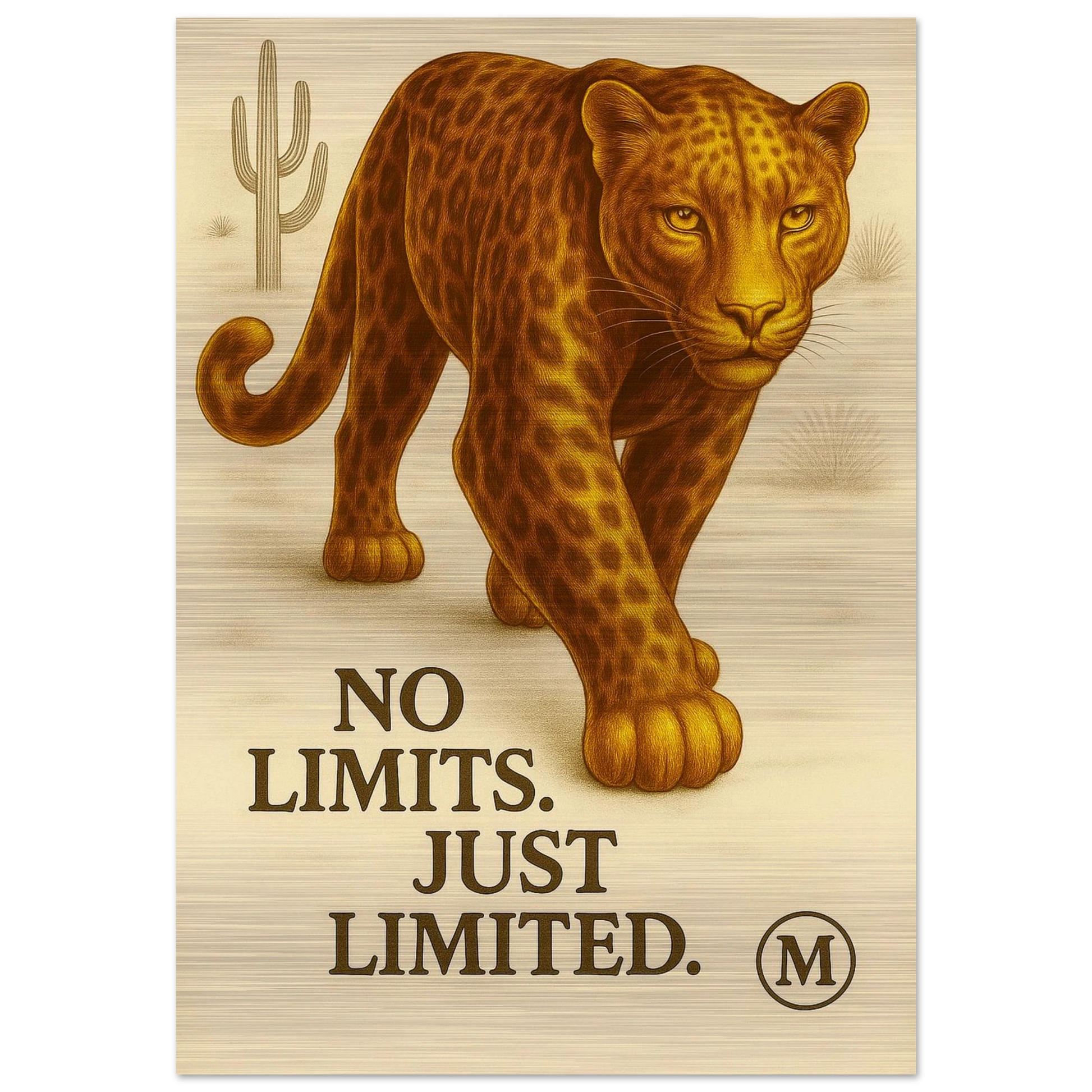 panther walking through desert with quote no limits. from MATCH collection Panther brushed aluminum