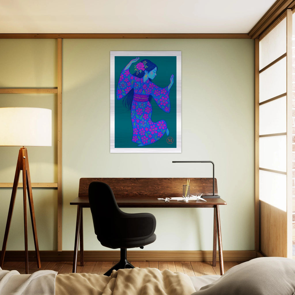 Artistic Geisha wall art in a green floral kimono with gold accents, printed on brushed aluminum