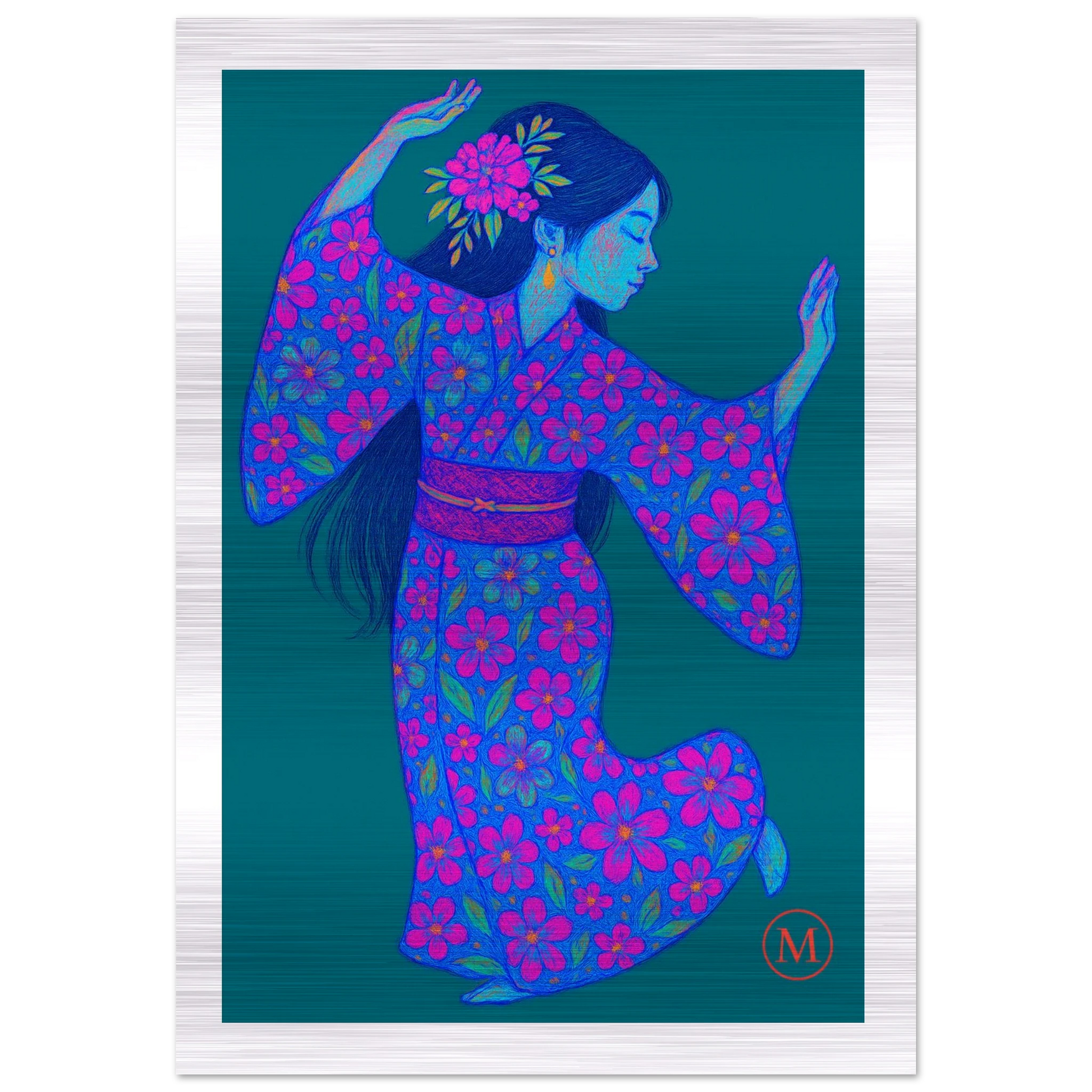 Colorful pastel and pink flowerd metallic Geisha portrait with floral kimono