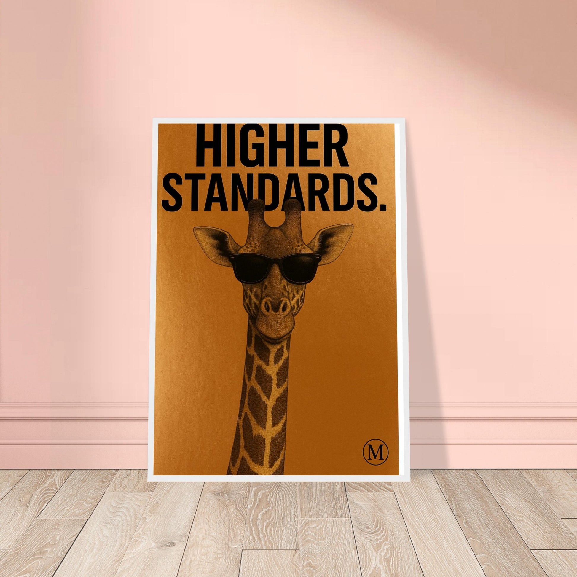 Funny giraffe poster with black shades and bold attitude. Bronze background, luxury vibe. Part of the MATCH Animals series – digital or framed wall art.