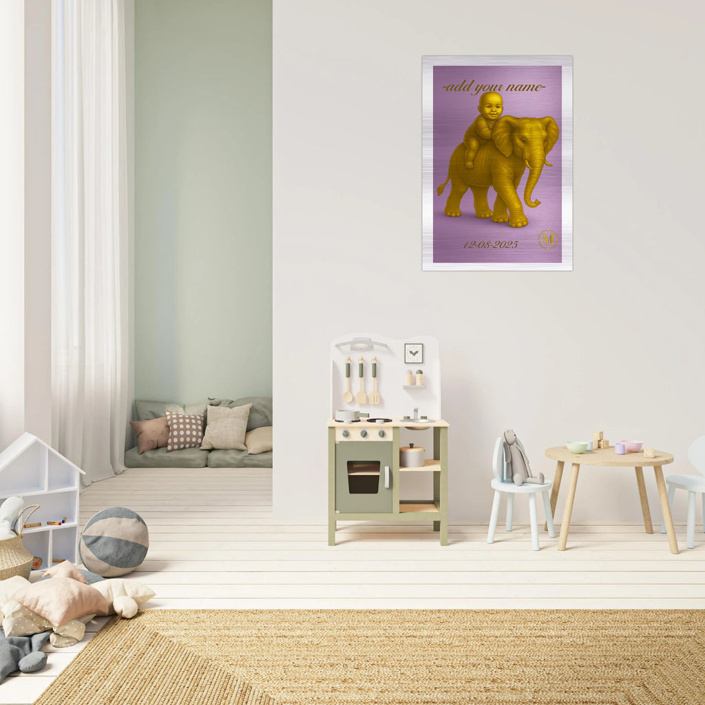 Home decoration Personalized Name piece aluminum. Purple elephant with baby for kids