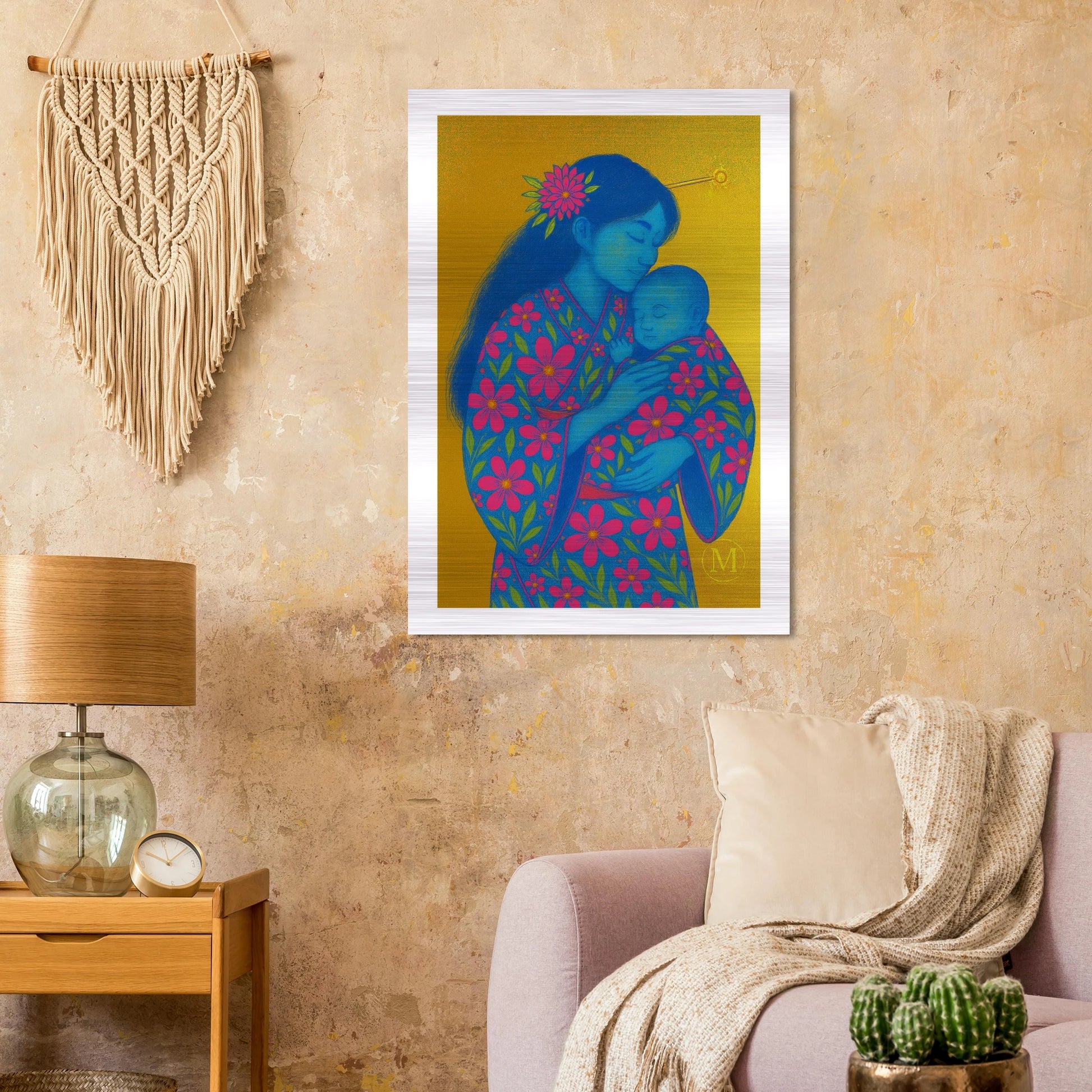Geisha mother holding child, dressed in a neon floral kimono, printed on brushed aluminum with a gold metallic