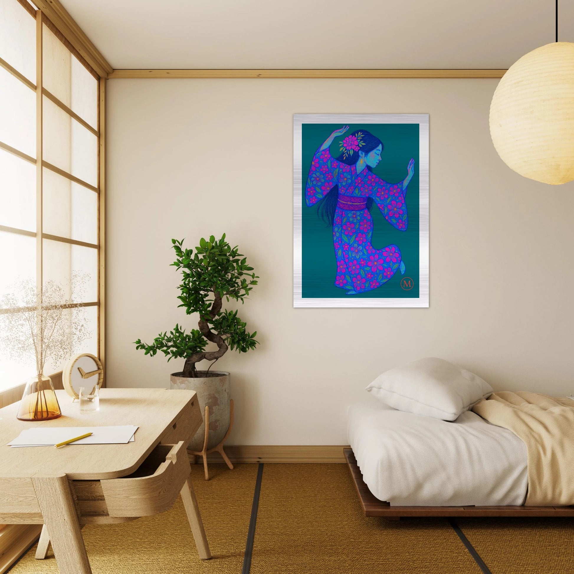 aluminum Colorful pastel and gold metallic Geisha portrait in kimono with floral  by match art 