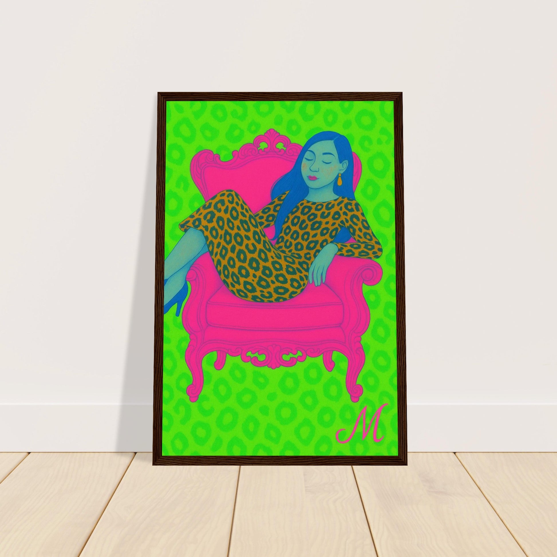 Ilustrated woman in a golden leopard dress and hat on a green background with the quote Too wild to tame. bold modern wall art bu match wall art