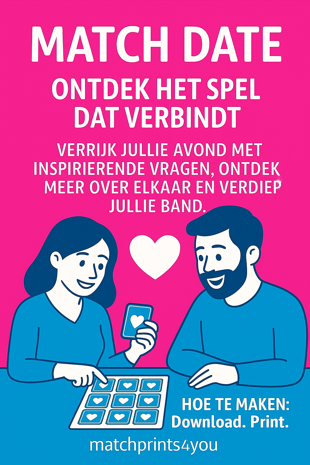 Introductiekaart van het Match Date spel – kleurrijke printbare vragenkaart voor koppels, ideaal voor diepgaande gesprekken en romantische date nights thuis.
