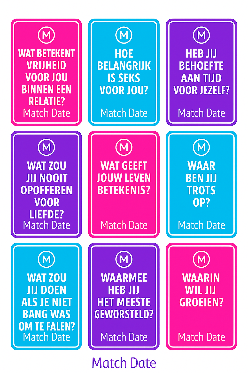 Introductiekaart van het Match Date spel – kleurrijke printbare vragenkaart voor koppels, ideaal voor diepgaande gesprekken en romantische date nights thuis.
