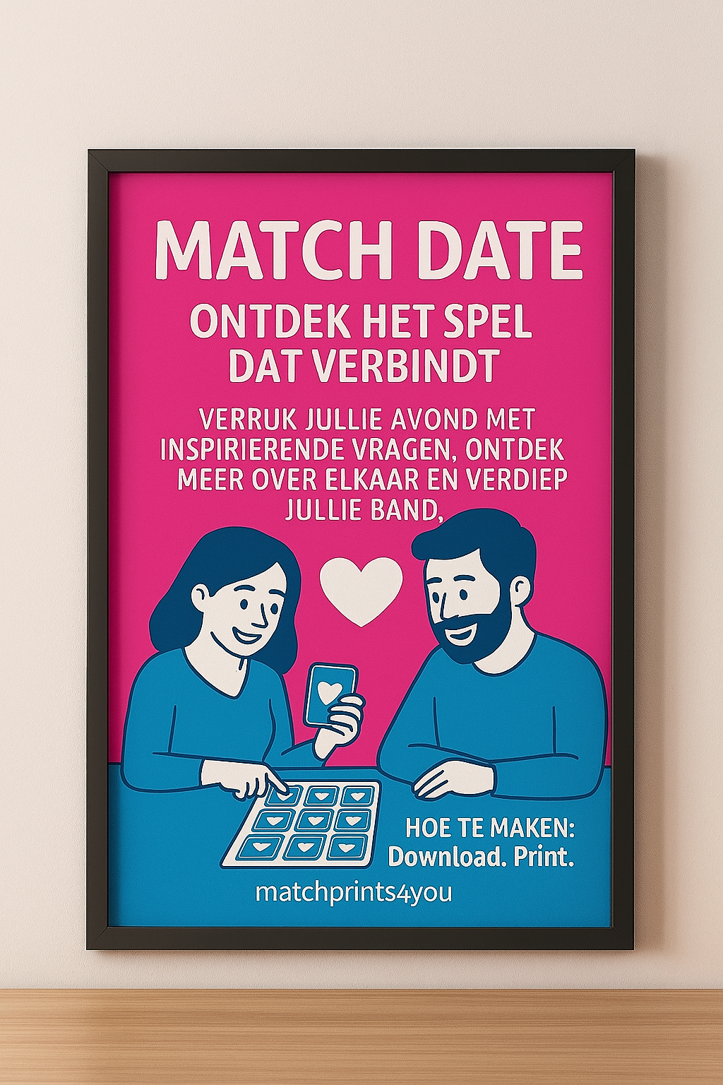 Introductiekaart van het Match Date spel – kleurrijke printbare vragenkaart voor koppels, ideaal voor diepgaande gesprekken en romantische date nights thuis.