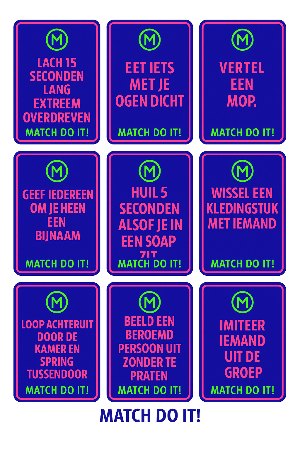 Digitale opdrachtenkaarten voor het spel MATCH DO IT! – lachen, gieren, brullen