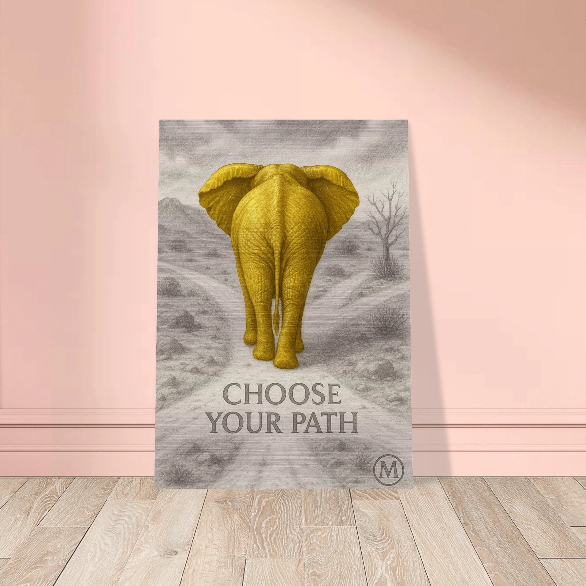 Golden elephant on pink backgroud with quote choose your path