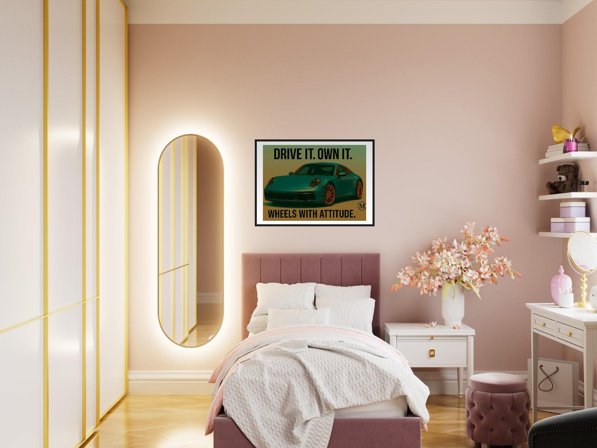 Bold Porsche wall art in fuchsia. A statement piece for car lovers & design addicts. Add power to your walls – MATCH Prints, Wheels with Attitude.