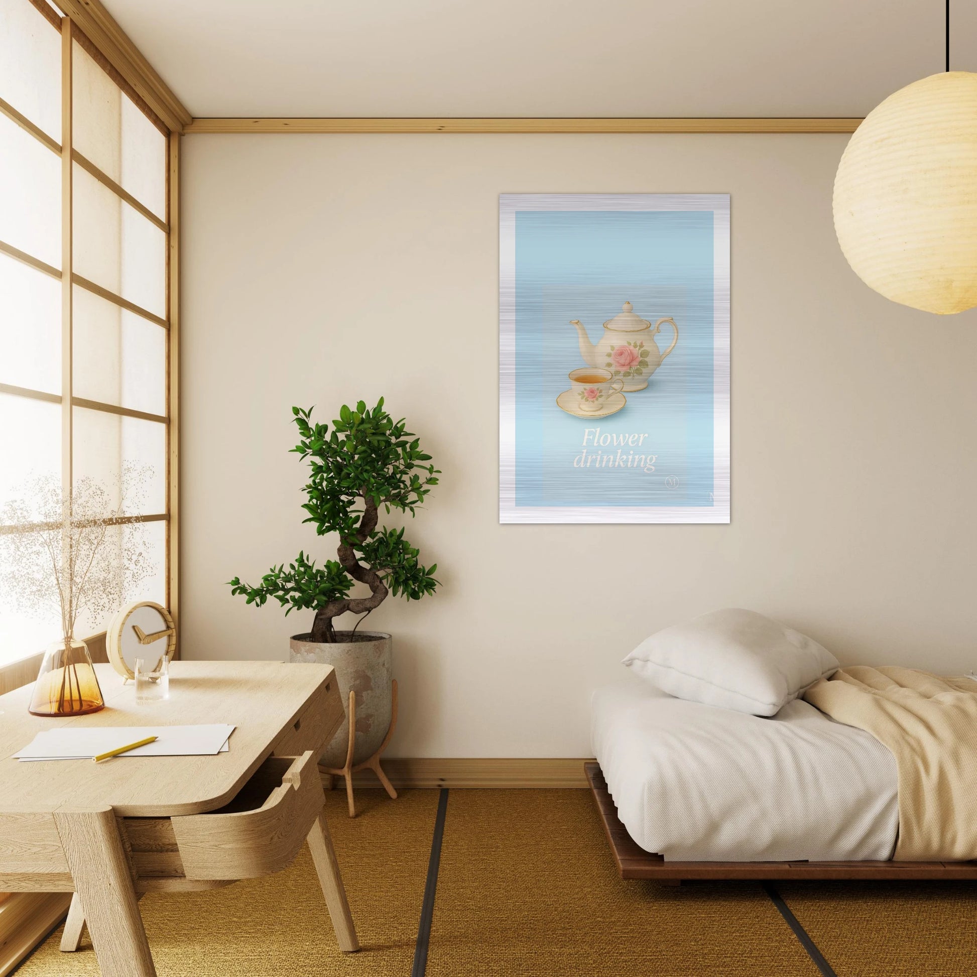 Stylish vintage illustration of a thea cup in bedroom