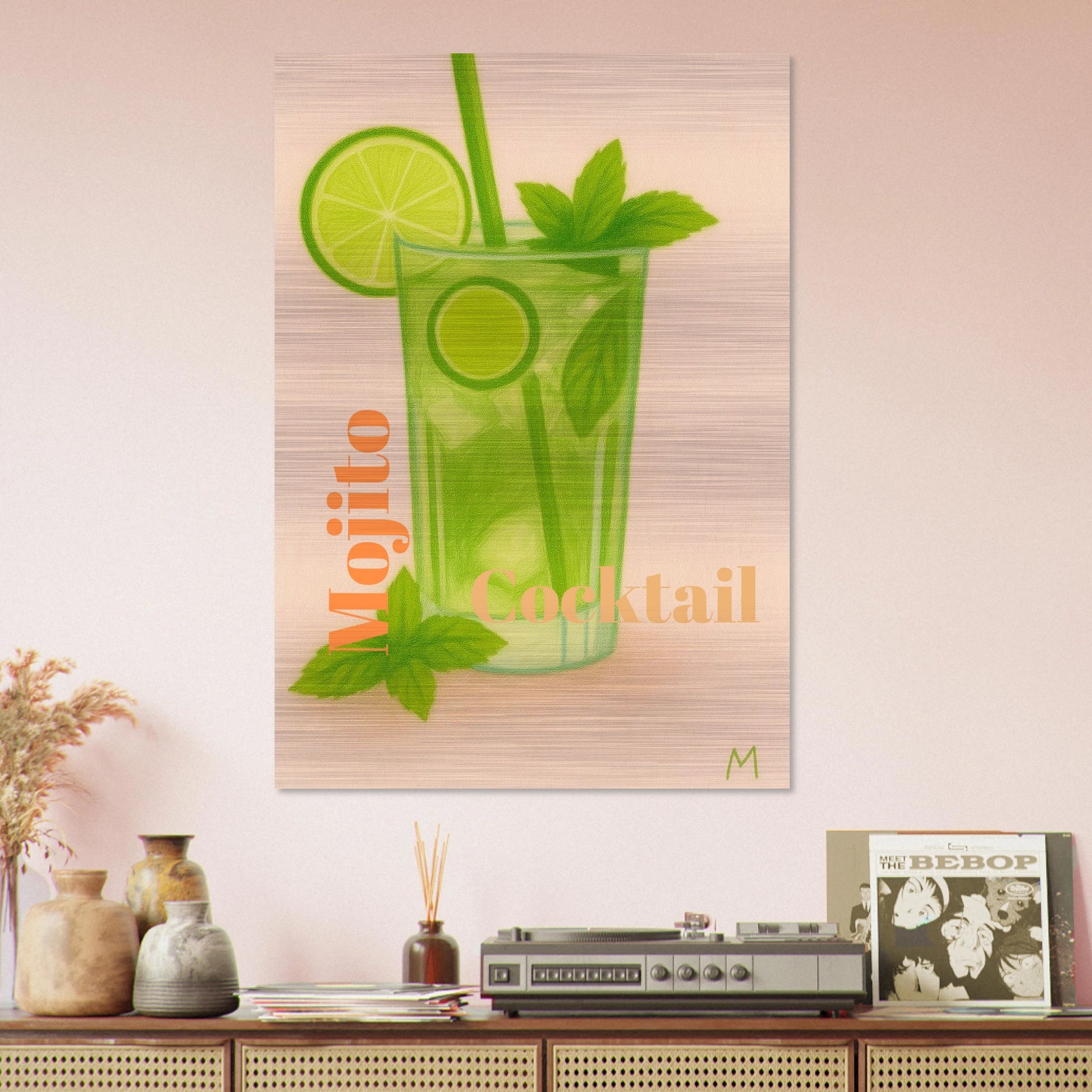 Refreshing mojito cocktail with lime and mint on brushed aluminium in vintage pastel style