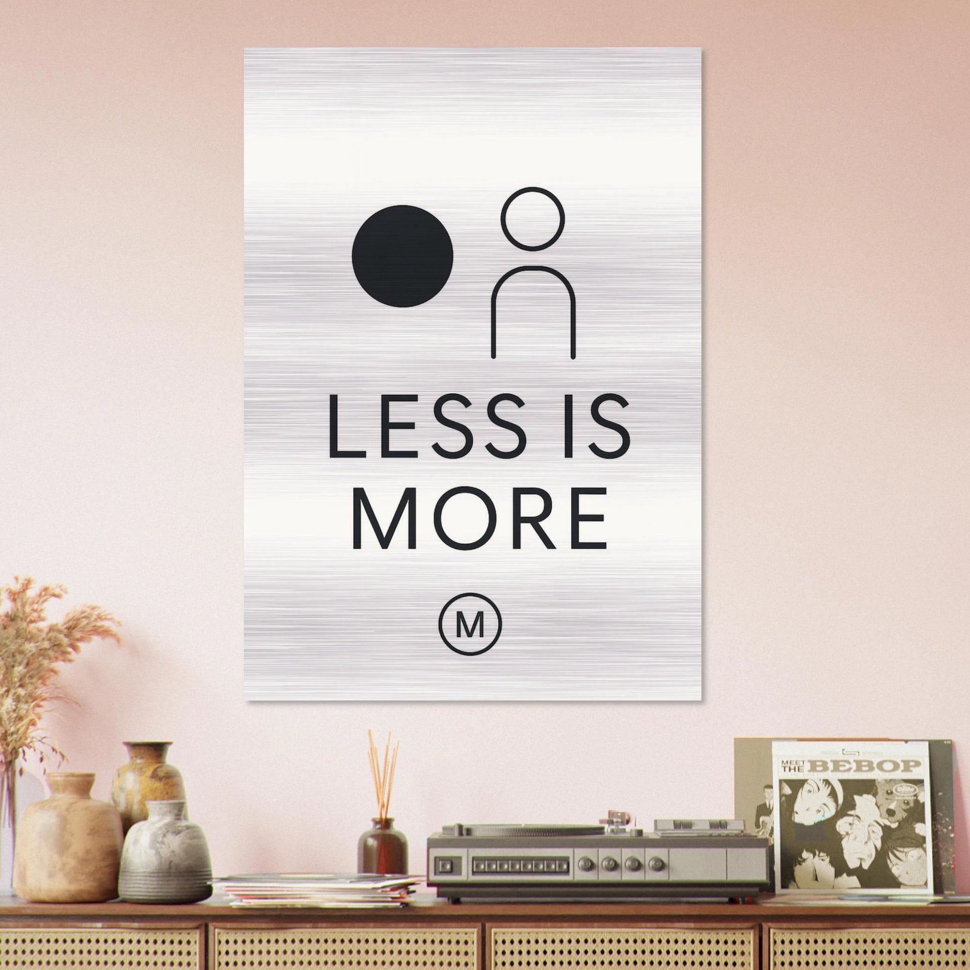 Prestigious minimalist design brushed aluminum wall art — on pink wall statement piece by MATCH Art