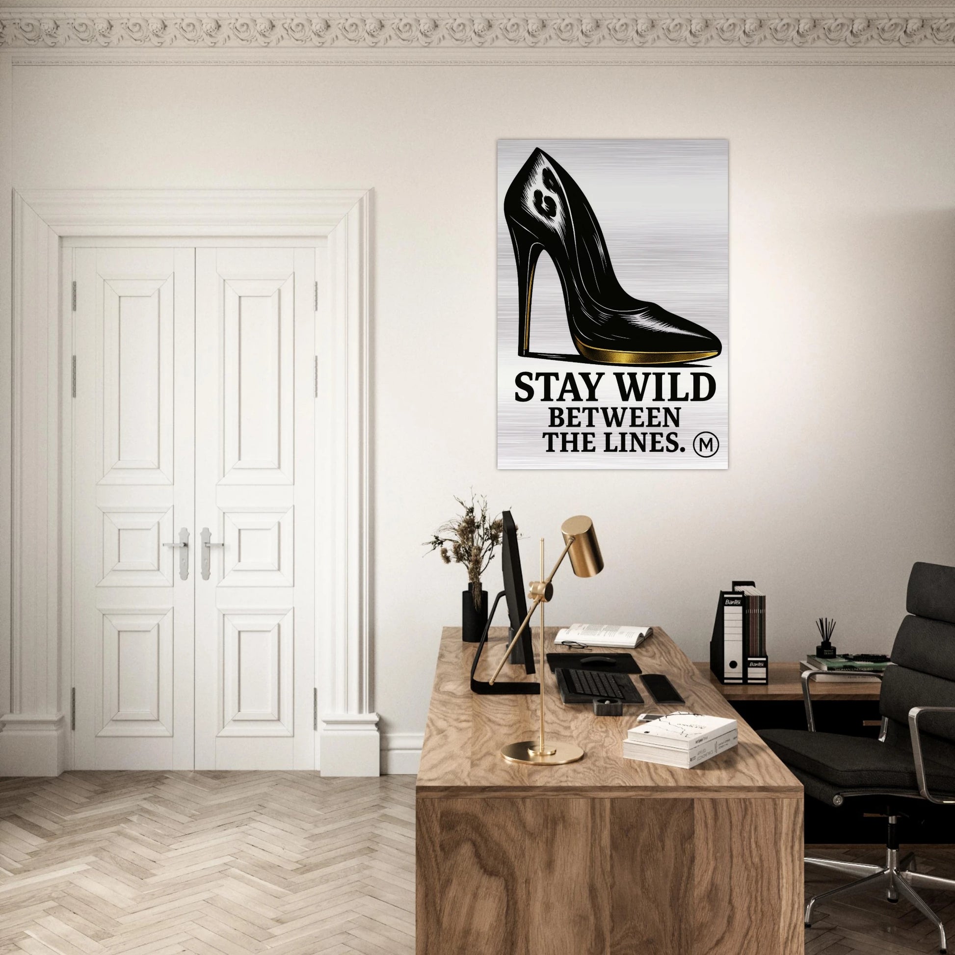 Prestigious stiletto stay wild in office brushed aluminum wall art — gallery-quality statement piece by MATCH Wall Art