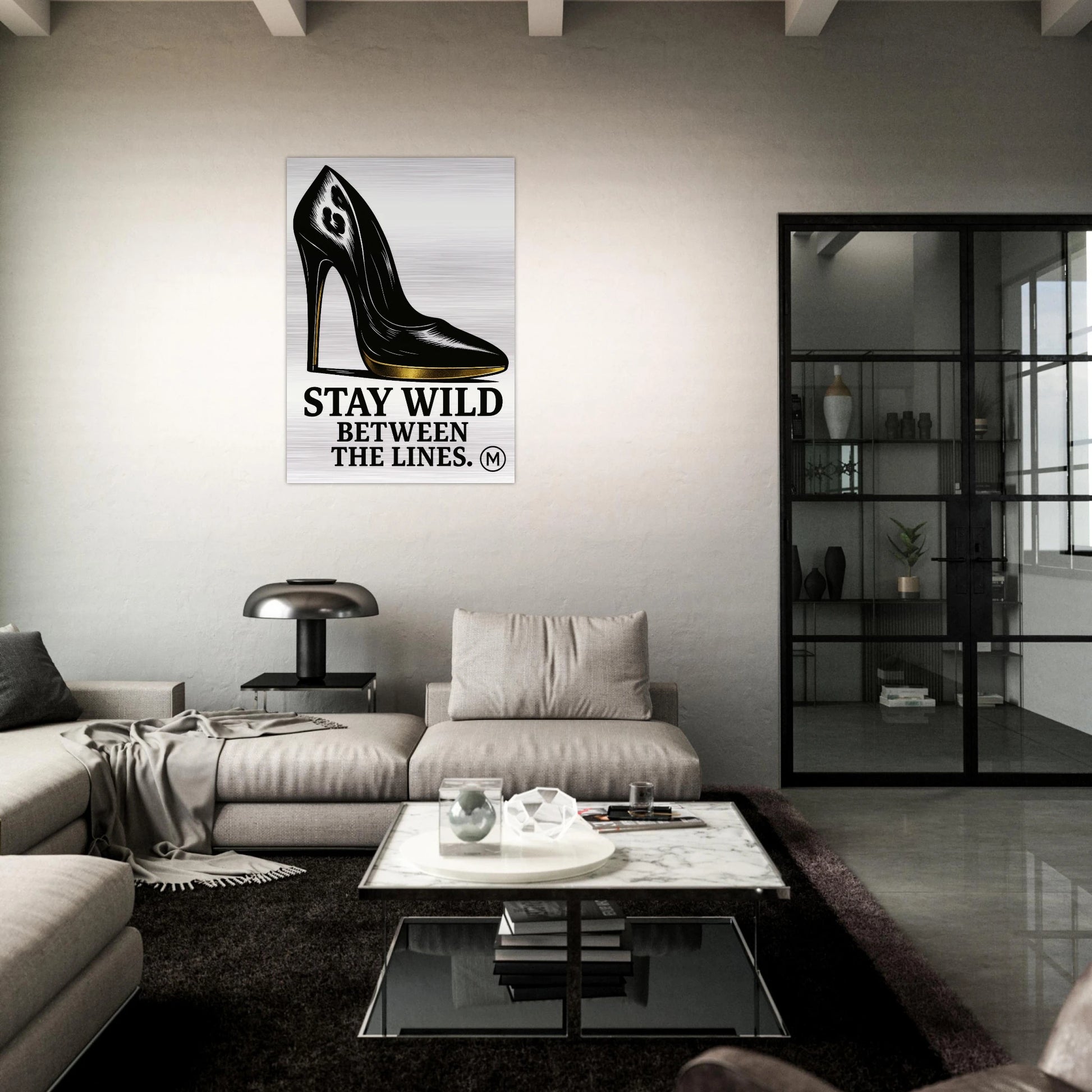 Modern adventure wall art crafted from brushed aluminum with 'Stay Wild' motivational quote, unique designer home decor for free-spirited interior design