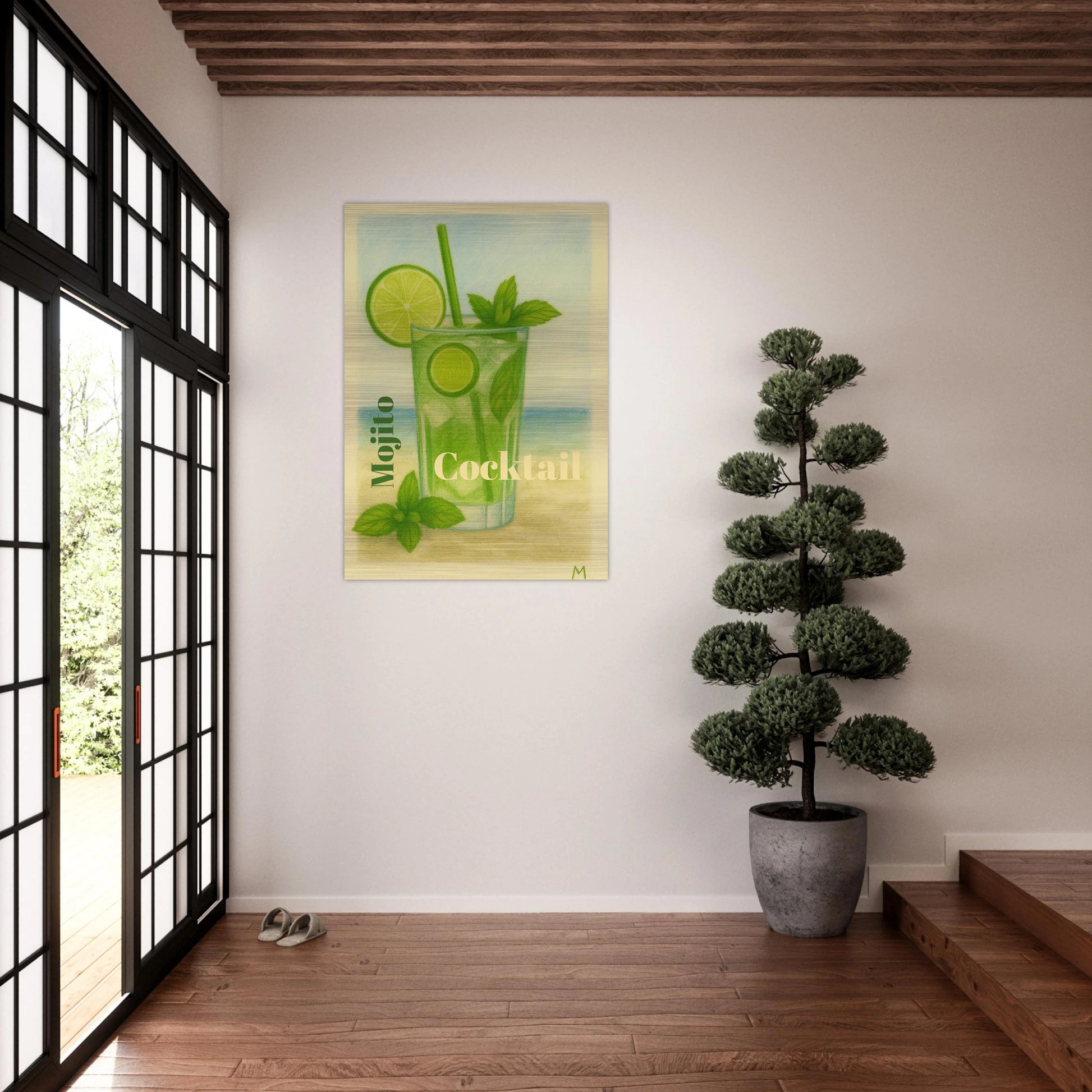 mojito cocktail with lime and mint in hall on brushed aluminium in vintage art