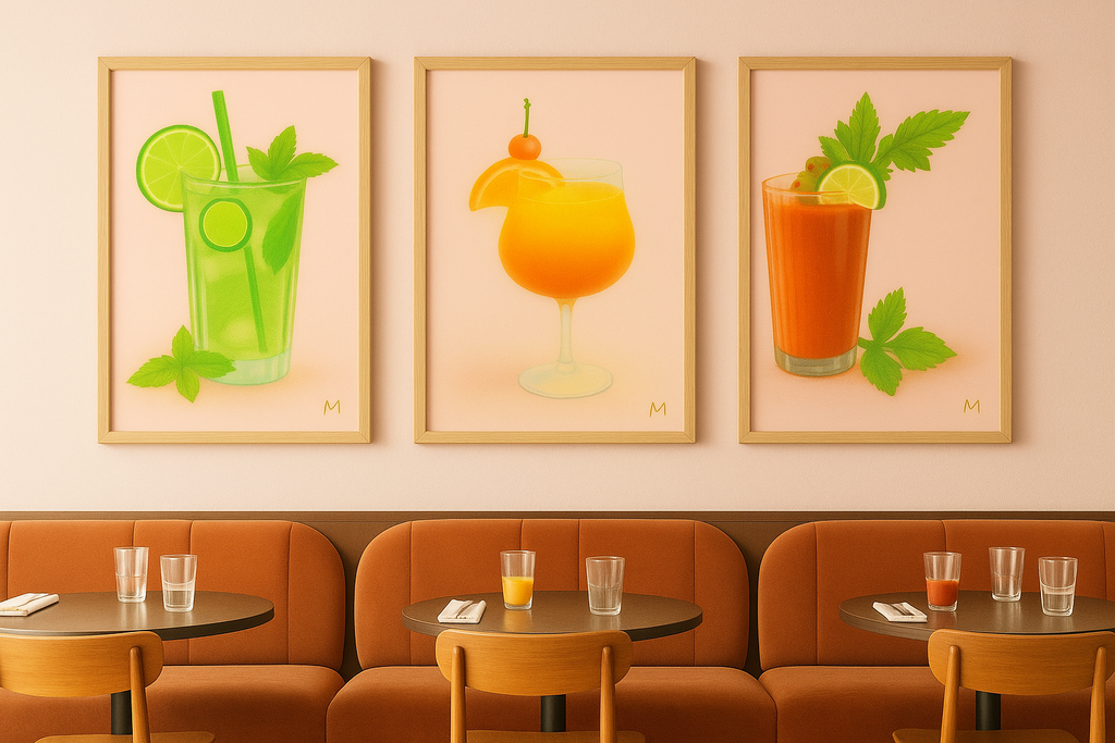 Pastel cocktail poster Tequila Sunrise – digital wall art with cherry and orange