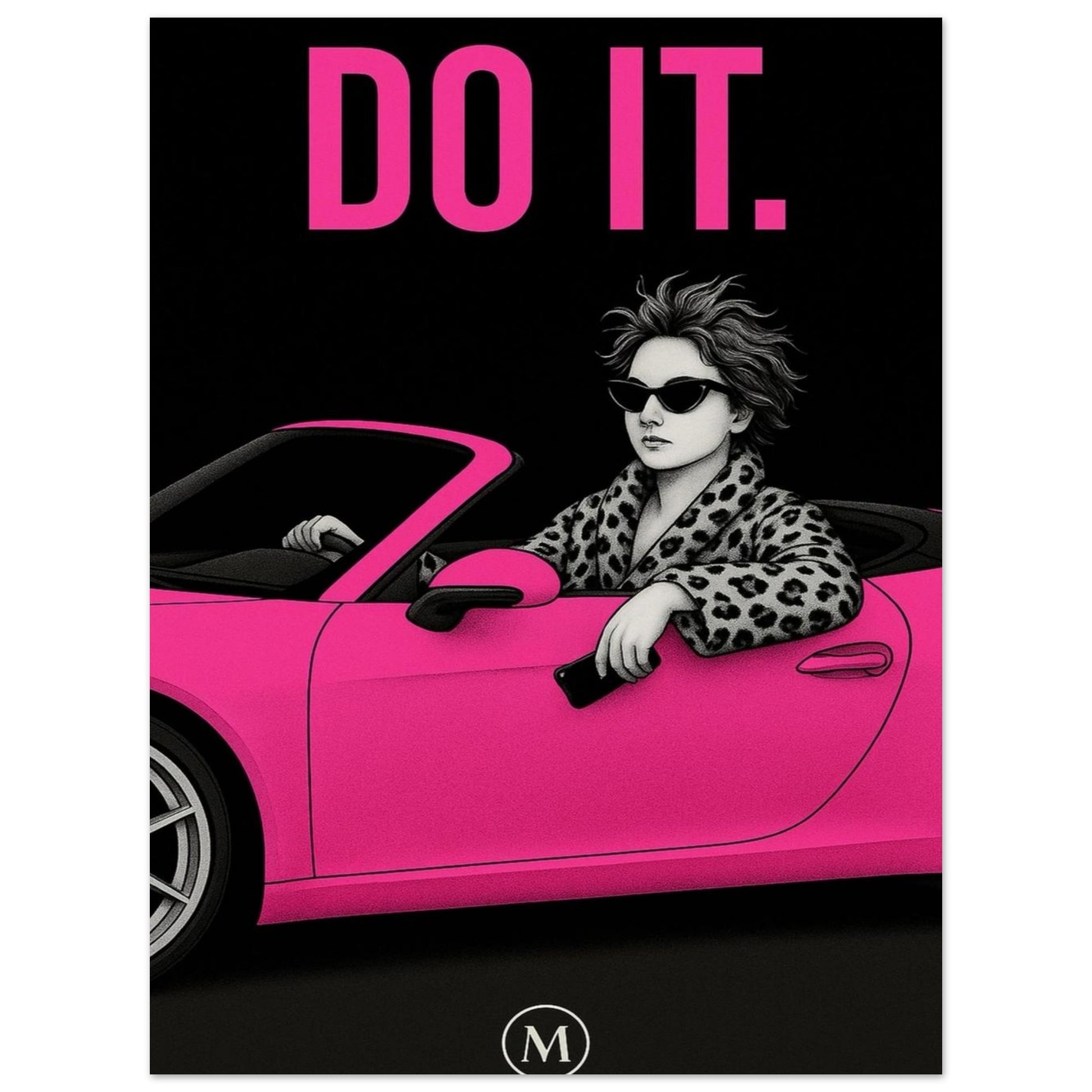 Stylish woman wall art of a modern mom in panter in a pink car with iphone 