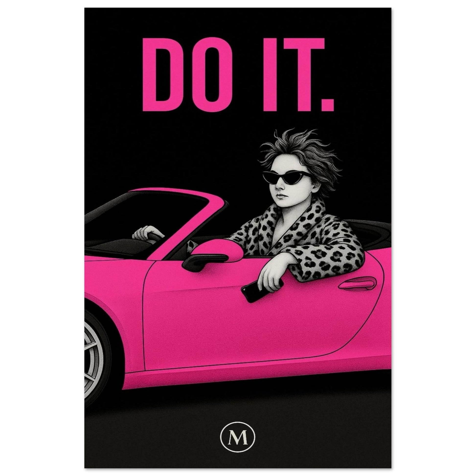 Stylish woman wall art of a modern mom in panter bathrobe driving a pink car wall art poster