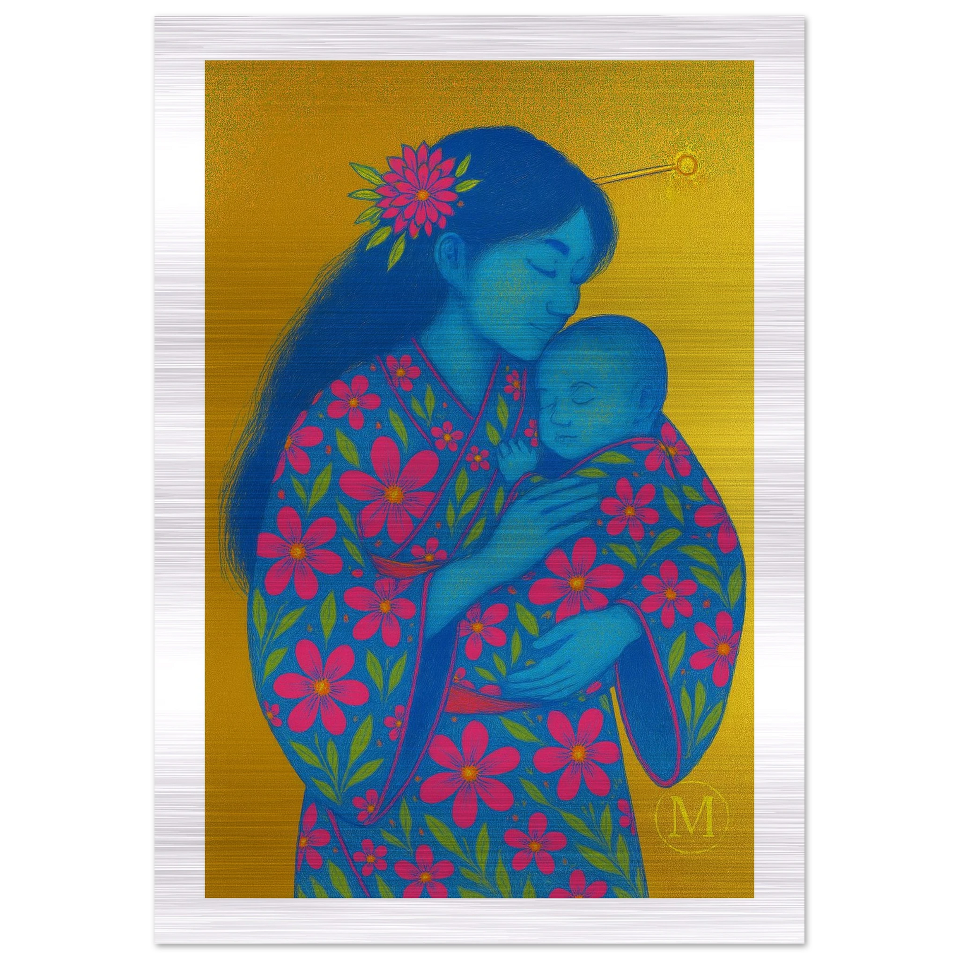 Geisha mother holding child, dressed in a neon floral kimono, printed on brushed aluminum with a gold metallic background.
Bestandsnaam: mother-and-child-geisha-gold-background-neon-floral-poster