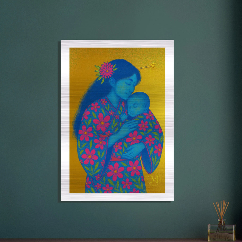 Mother and Child Geisha – Gold Background Neon Floral Poster
Heartwarming Geisha mother holding child, dressed in a neon floral kimono, printed on brushed aluminum with a gold metallic background.