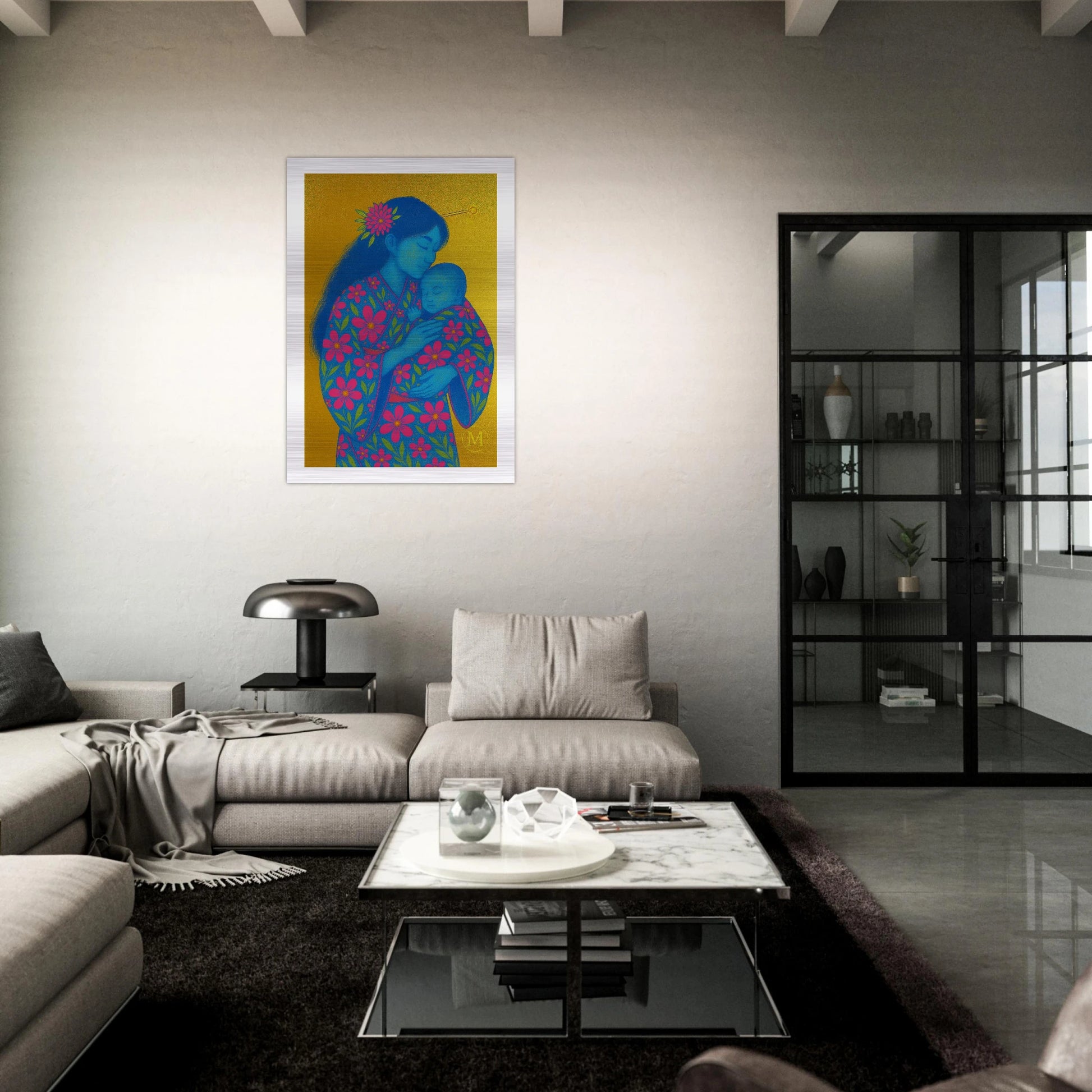 Geisha mother holding child, dressed in a neon floral kimono, printed on brushed aluminum with a gold metallic background.
Bestandsnaam: mother-and-child-geisha-gold-background-neon-floral