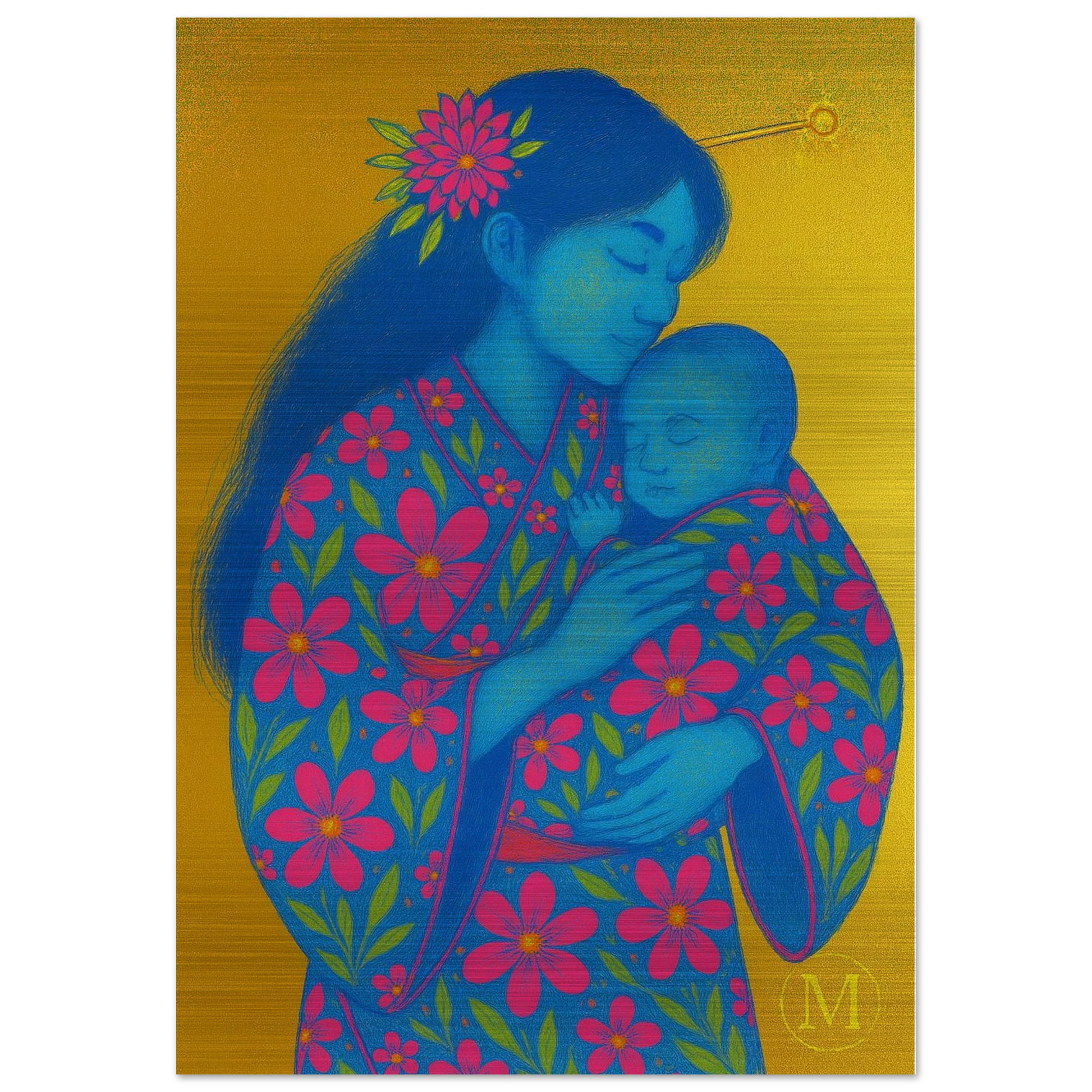 Geisha Moher with baby brushed aluminum metal- bold-luxury-wall art