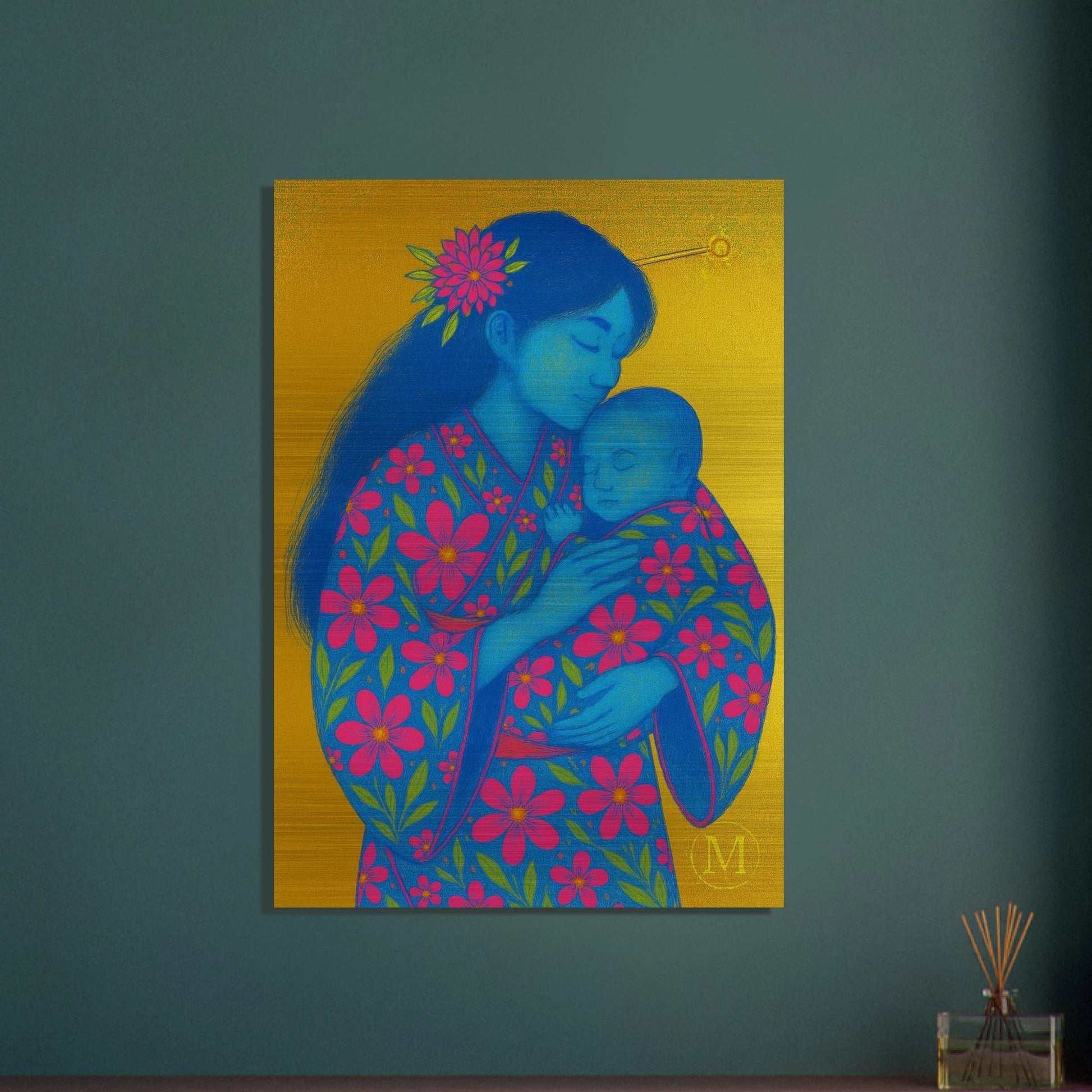 Geisha Moher with baby brushed aluminum metal- bold-luxury-wall art-match-statement-decoration