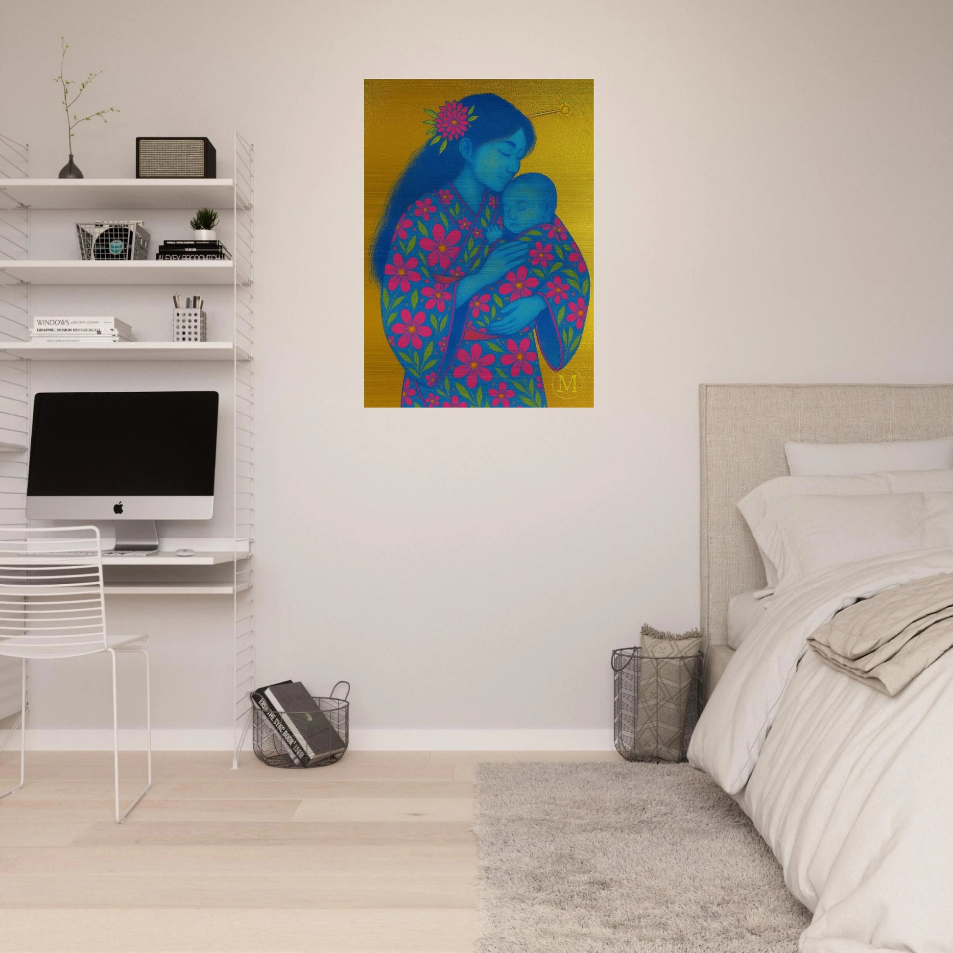 Geisha Moher with baby bedroom brushed aluminum metal- bold-luxury-wall art-match
