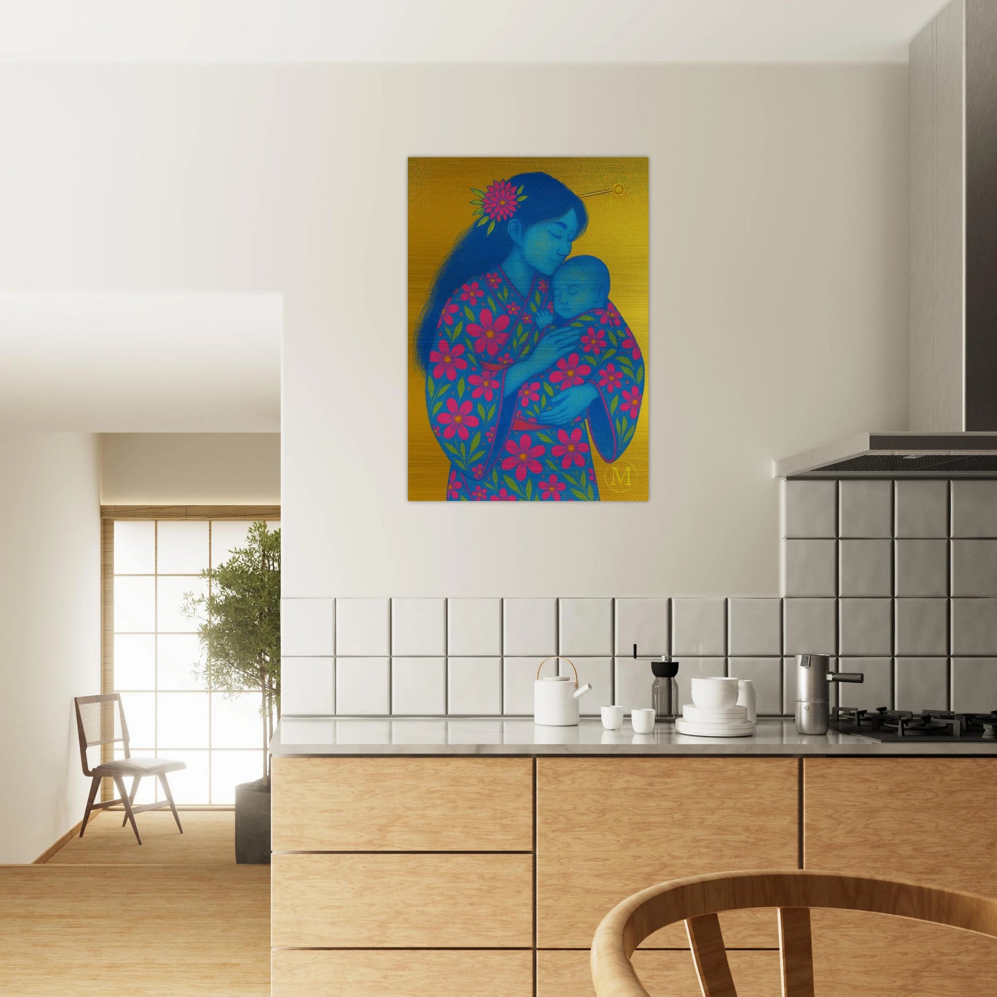 Geisha Moher with baby -kitchen-match-brushed aluminum metal- bold-luxury-wall art