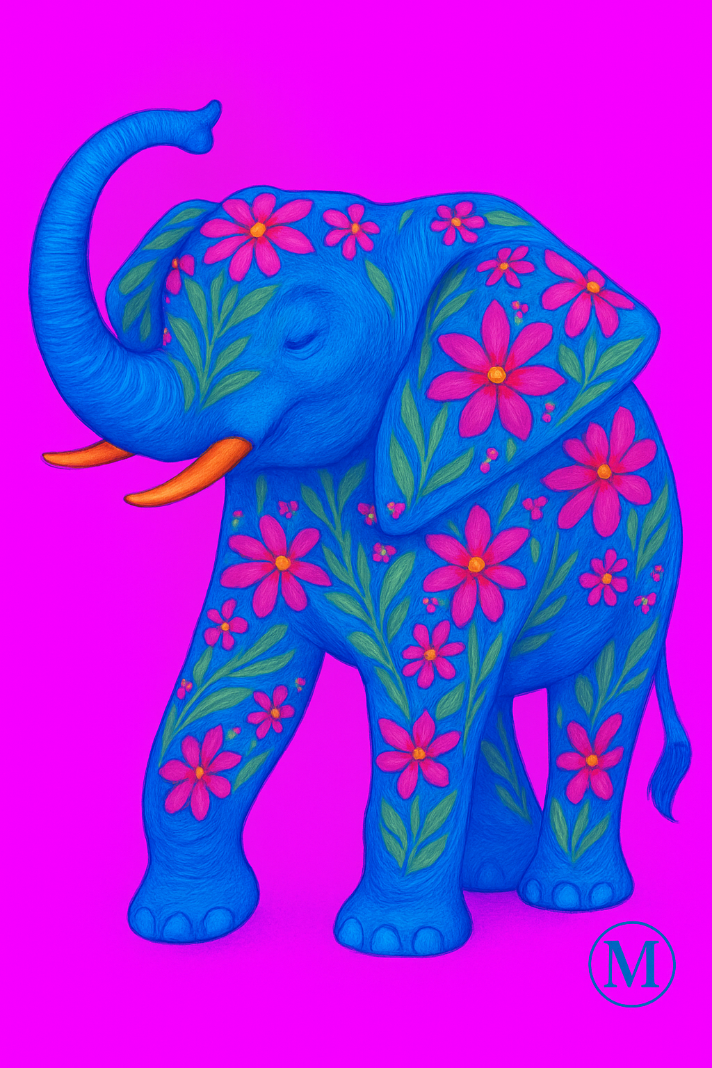 Gold Blue Neon Elephant. framed poster