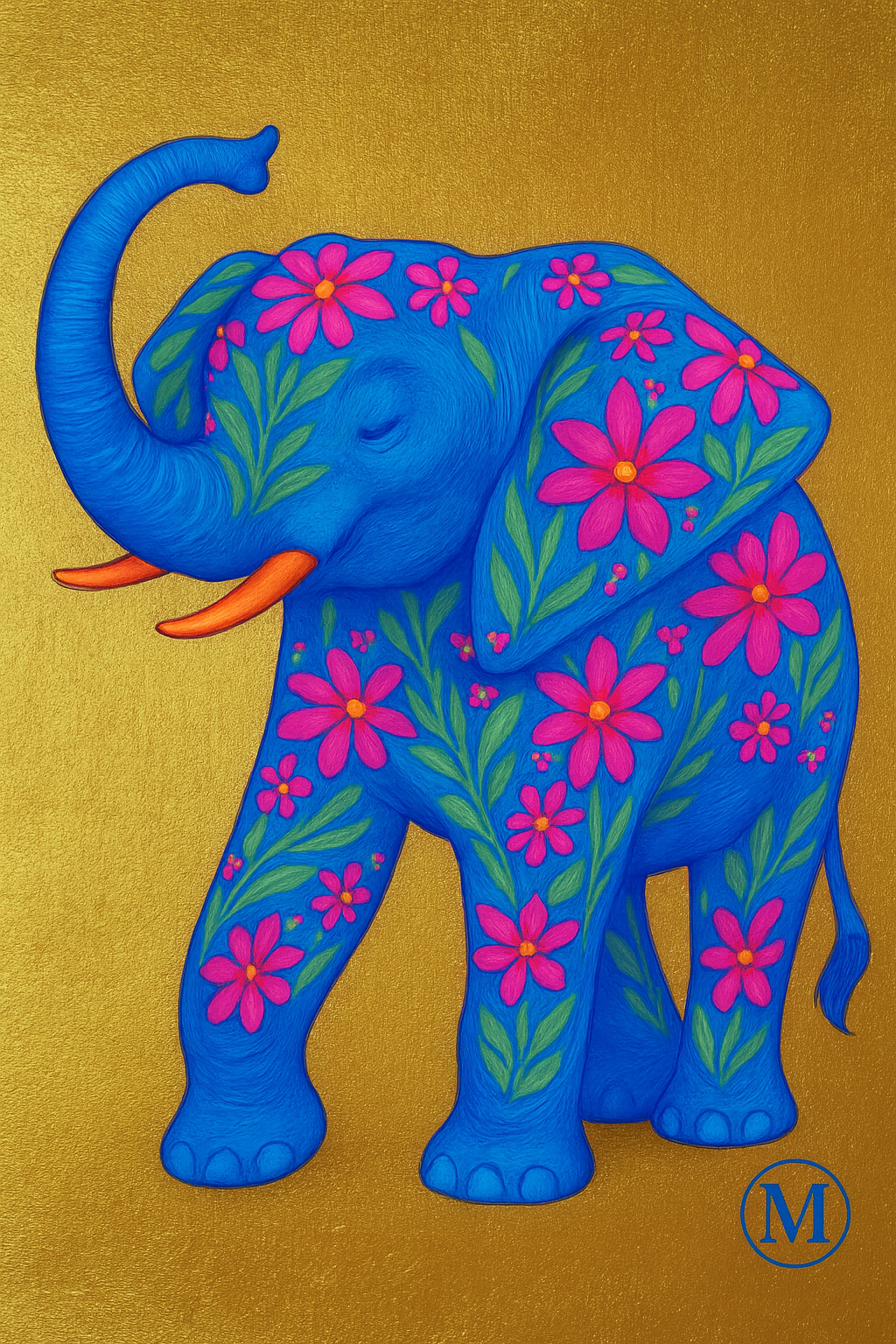 Gold Blue Neon Elephant Print - Safari Wall Decor - digital Download