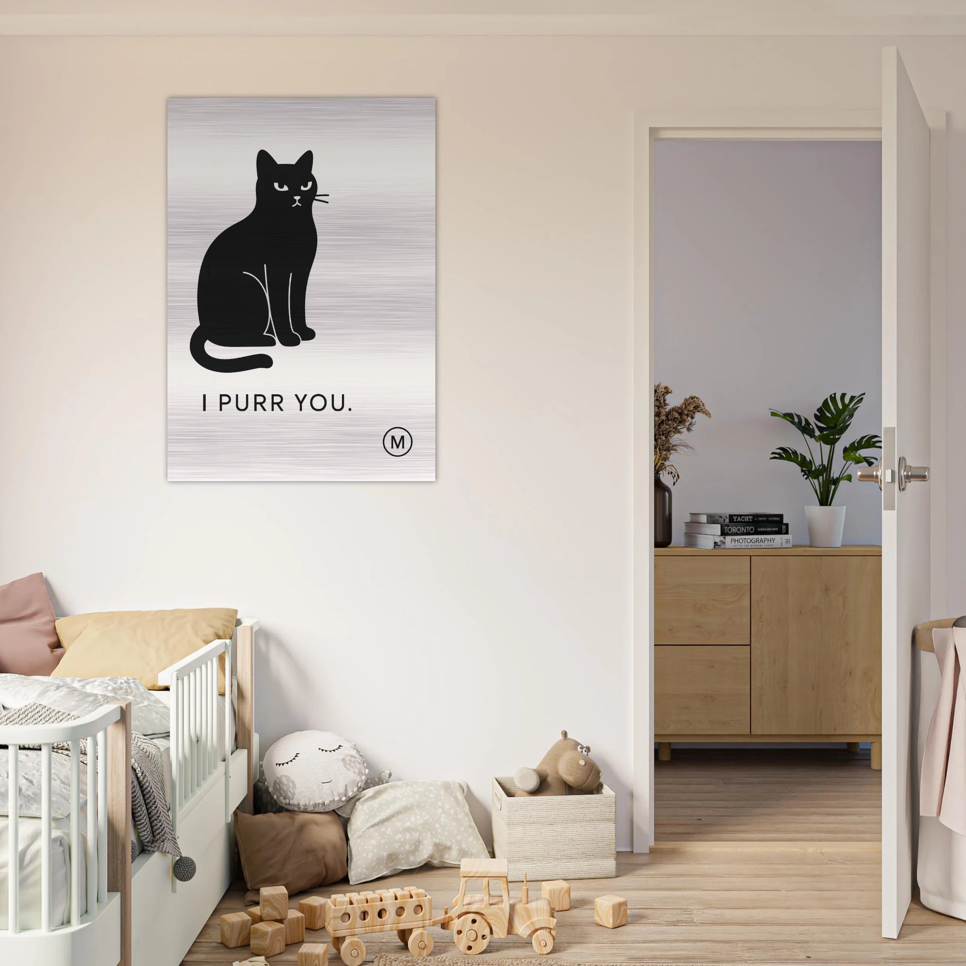 black cat brushed aluminum wall art — refined Japanese-inspired luxury metal print by MATCH Wall Art