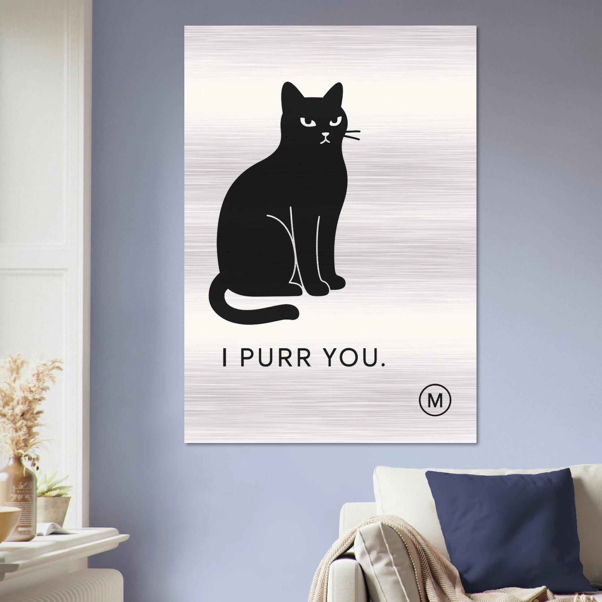 Elegant black cat brushed aluminum wall art — refined Japanese-inspired luxury metal print by MATCH Wall Art