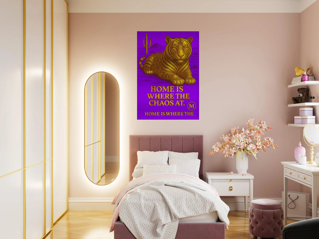 Golden Panther  brushed aluminum  pink bedroom with quote home is where the Chaos at. Match Wall Art