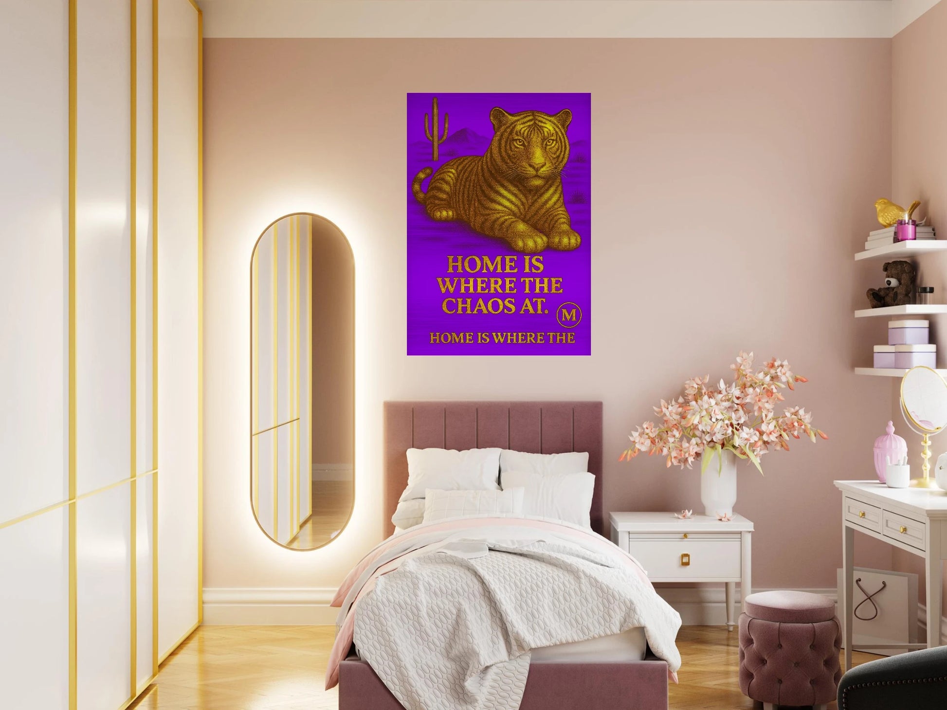 Golden Panther  brushed aluminum  pink bedroom with quote home is where the Chaos at. Match Wall Art