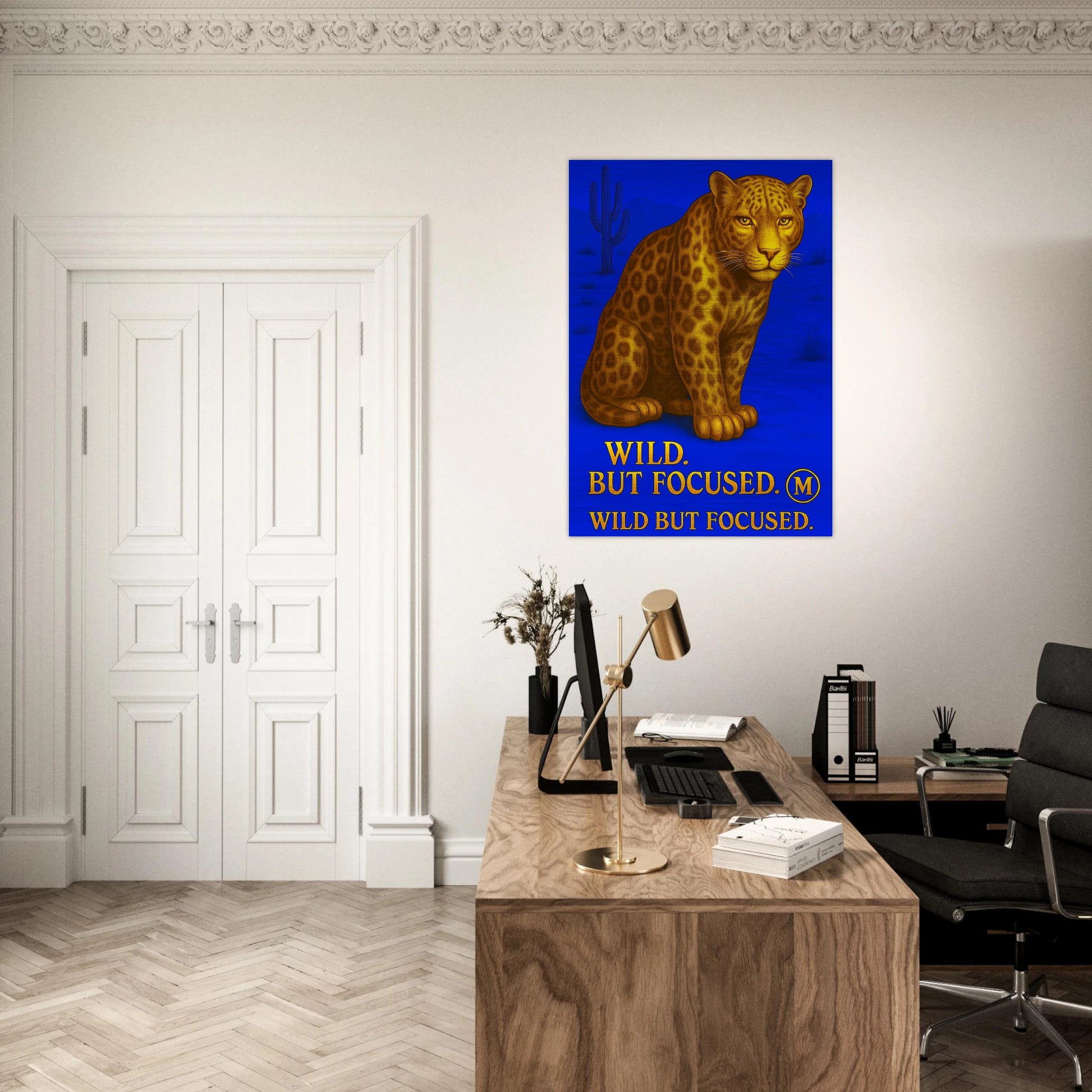 Fierce gold panther hanging in office with the quote wild but focused blue. Stylish wall art from Match Wall Art brushed aluminum