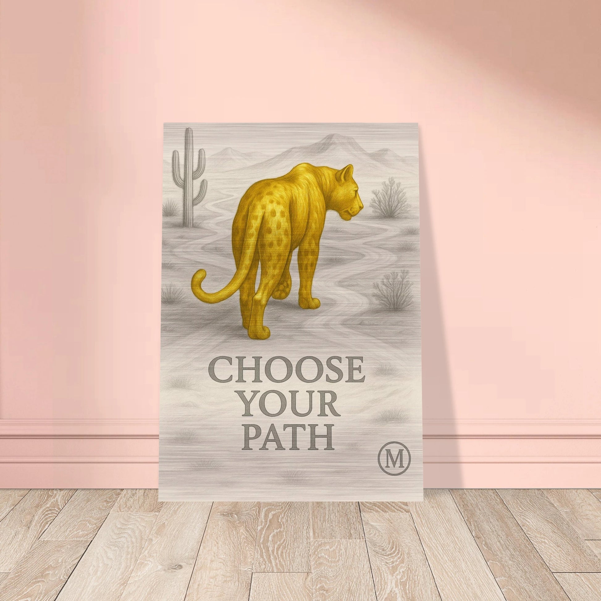 Elegant golden cheetah brushed aluminum wall art -pink wall-luxury wildlife decor by MATCH Wall Art
