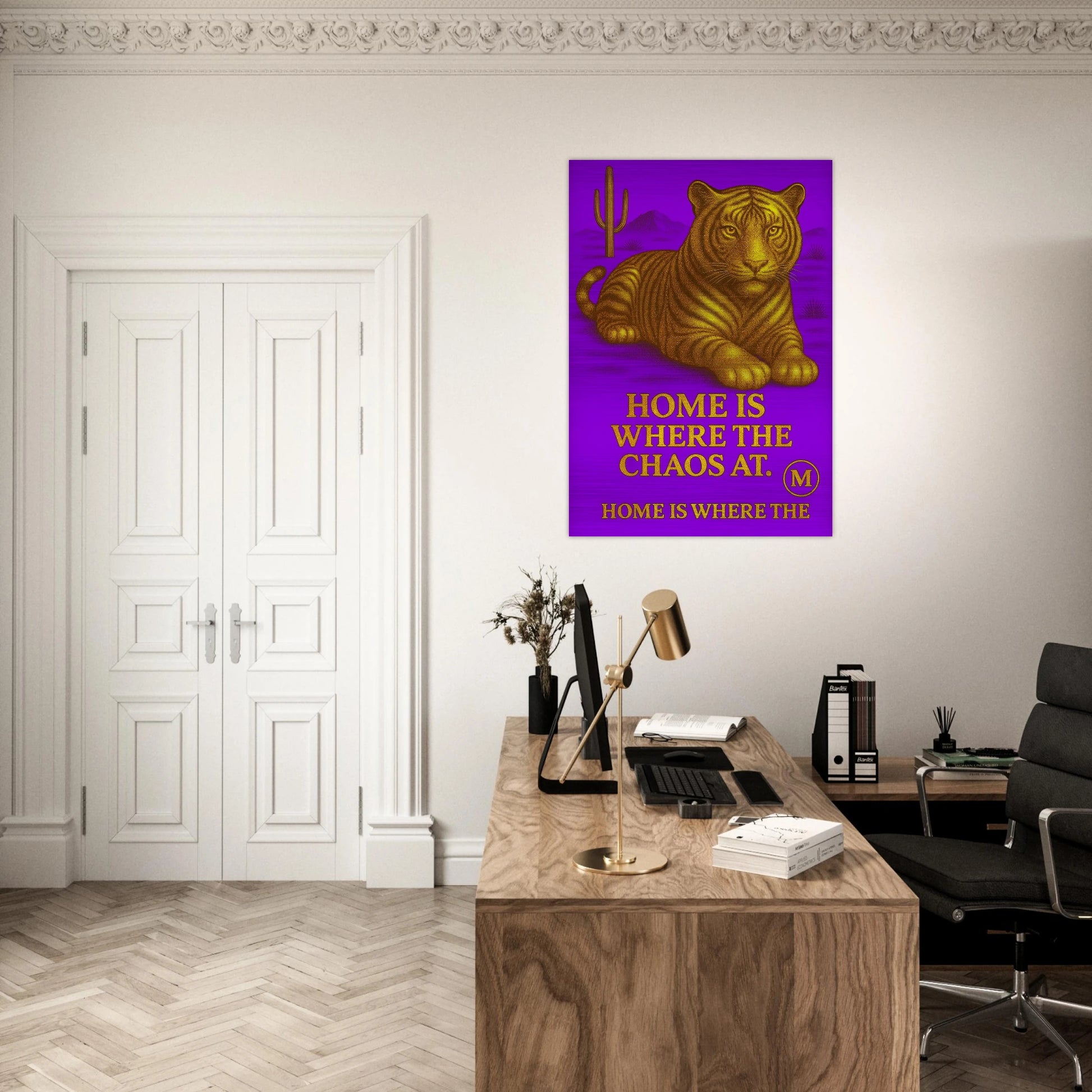 Luxe Golden Panther puple  backgroud with quote home is where the Chaos at. Match Wall Art brushed aluminum