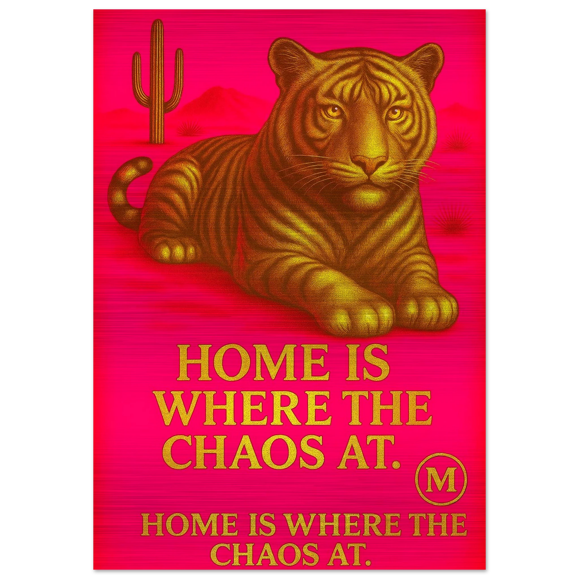 exclusive Golden Panther pink backgroud with quote home is where the Chaos at. Match Wall Art brushed aluminum luxury