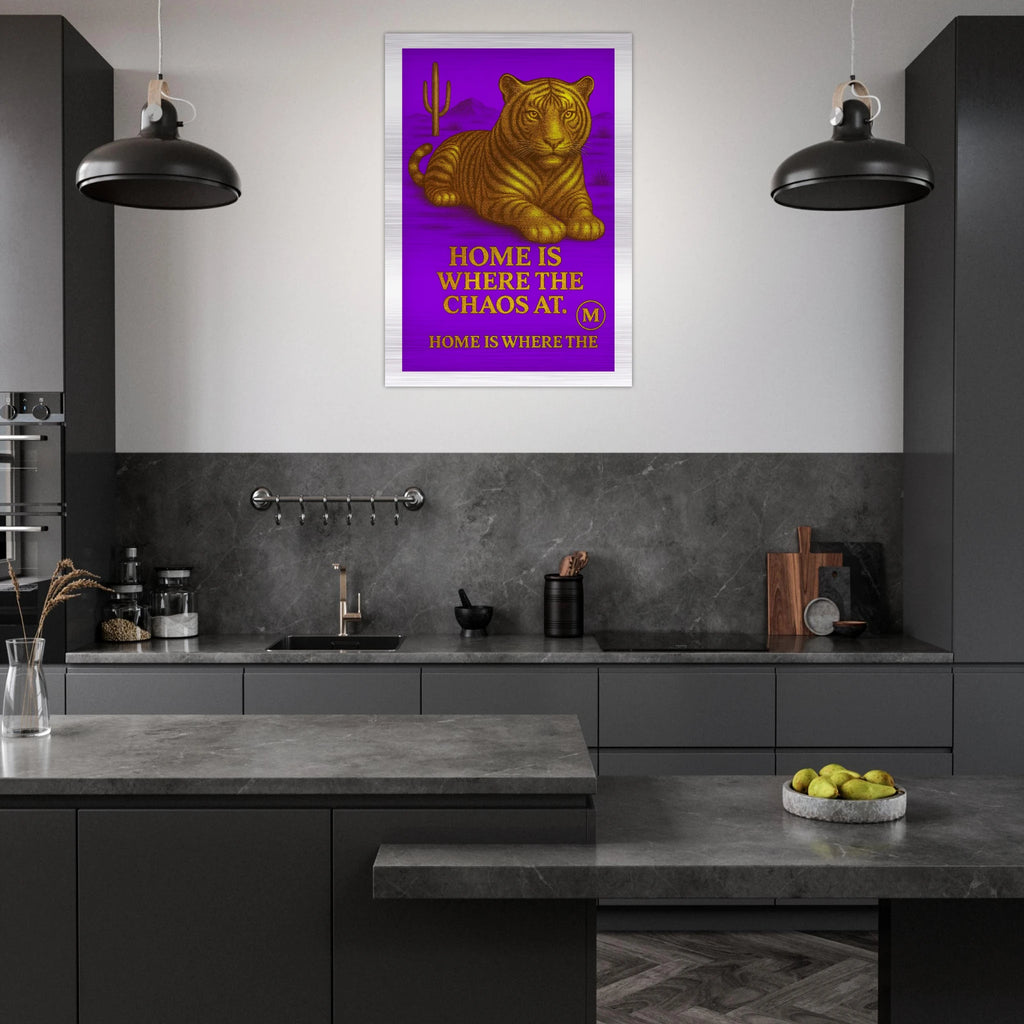 Golden Panther purple  backgroud with quote home is where the Chaos at. Match Wall Art