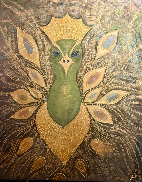 front photo of painting sparks peacock