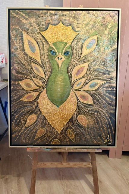 front photo of painting sparks peacock in frame