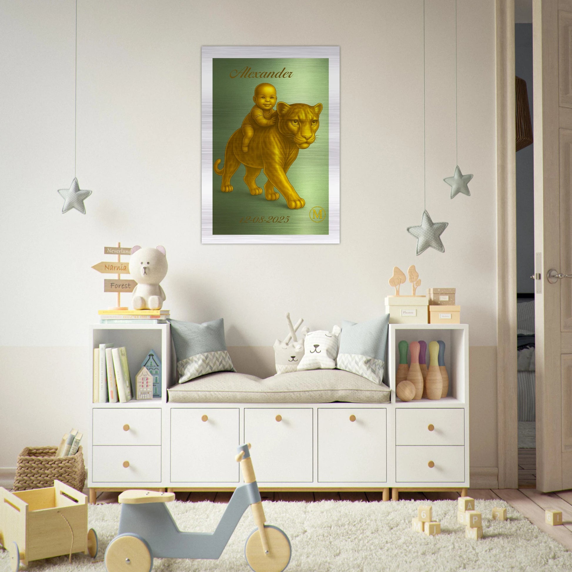 Personalized Alexander baby name sign with stylish panther design, perfect aluminum birth gift for nursery wall decoration and baby shower present